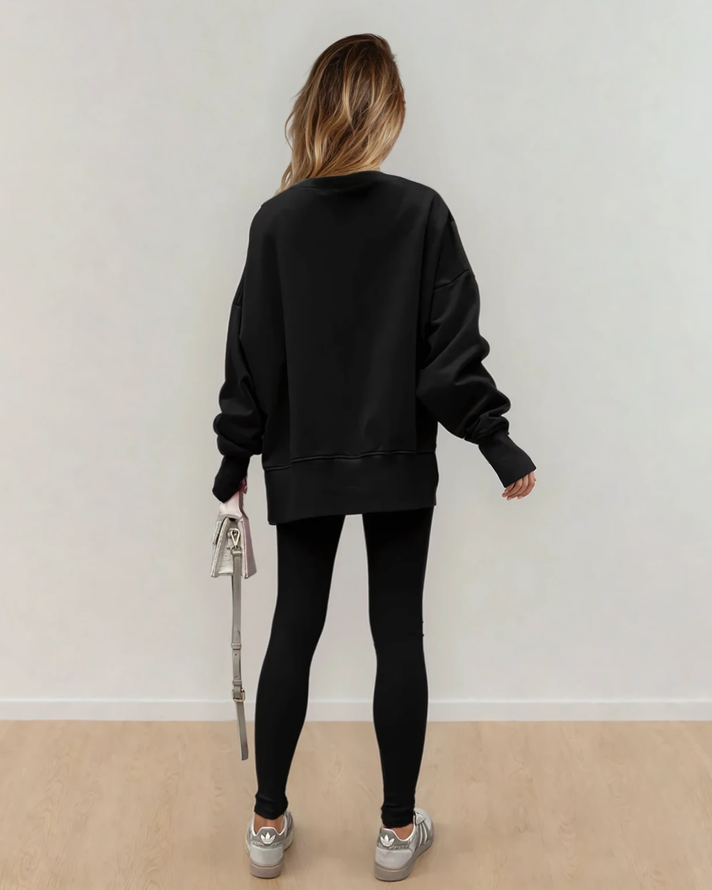 Remi Solid Color Oversize Slit Sweatshirt Ribbed Leggings 2pcs Set - Black