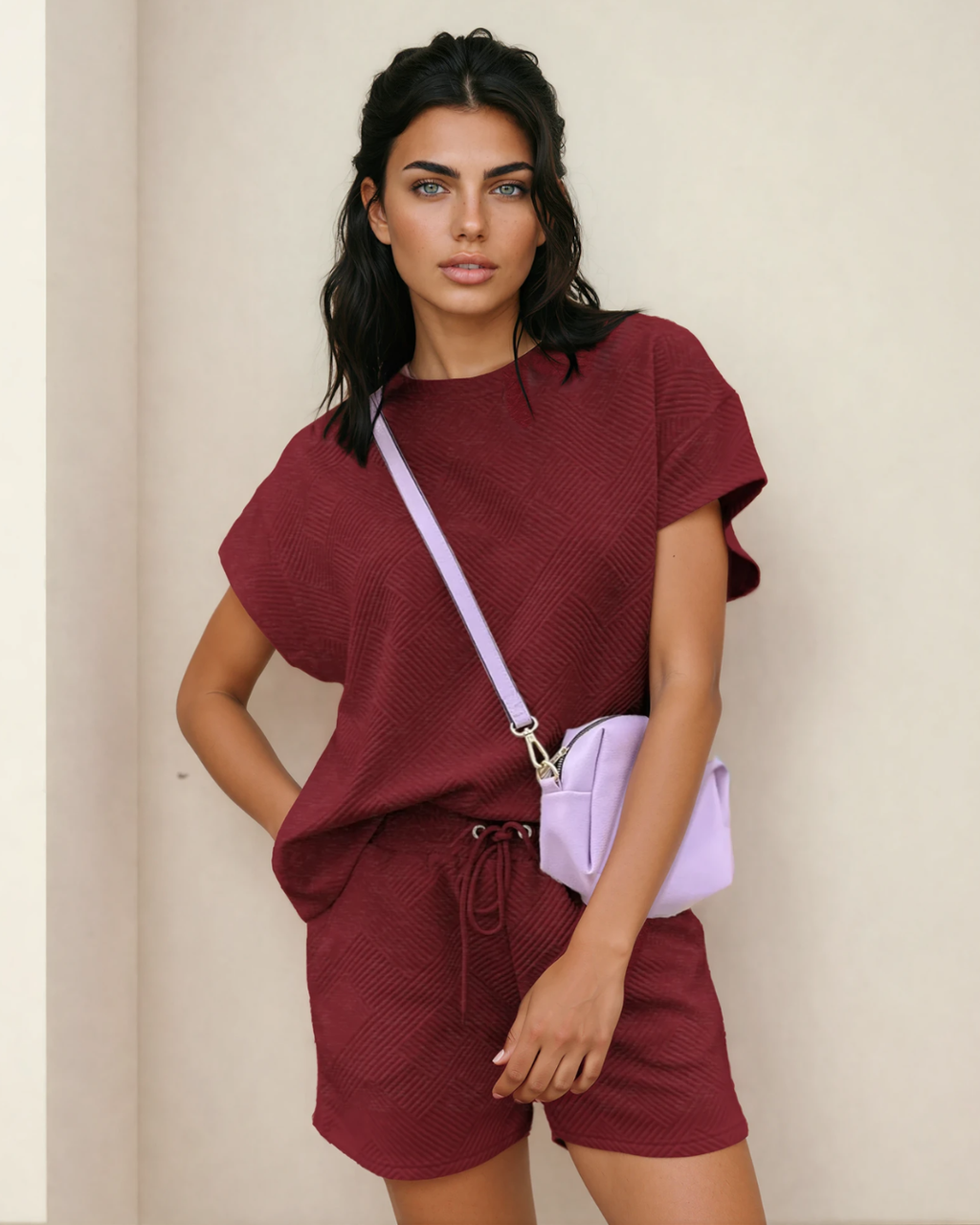 Astrid Textured Short Sleeve Top and Shorts Set - Red Dahlia