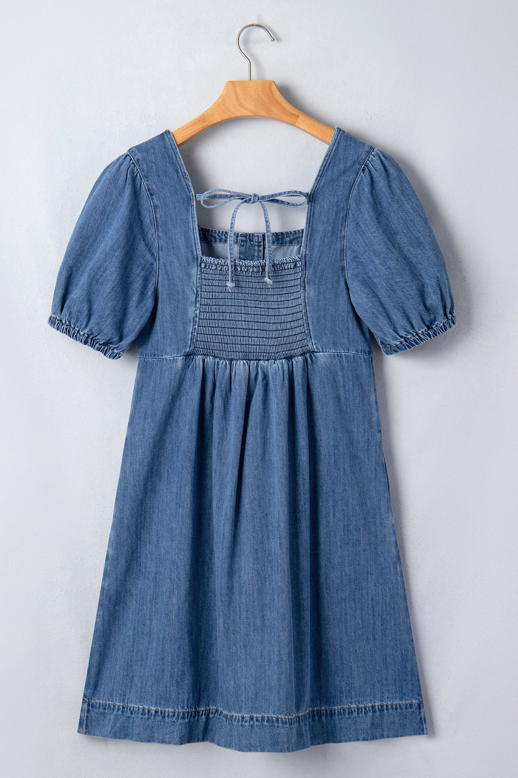 Denim Button Square Neck Puff Sleeve Mini Dress