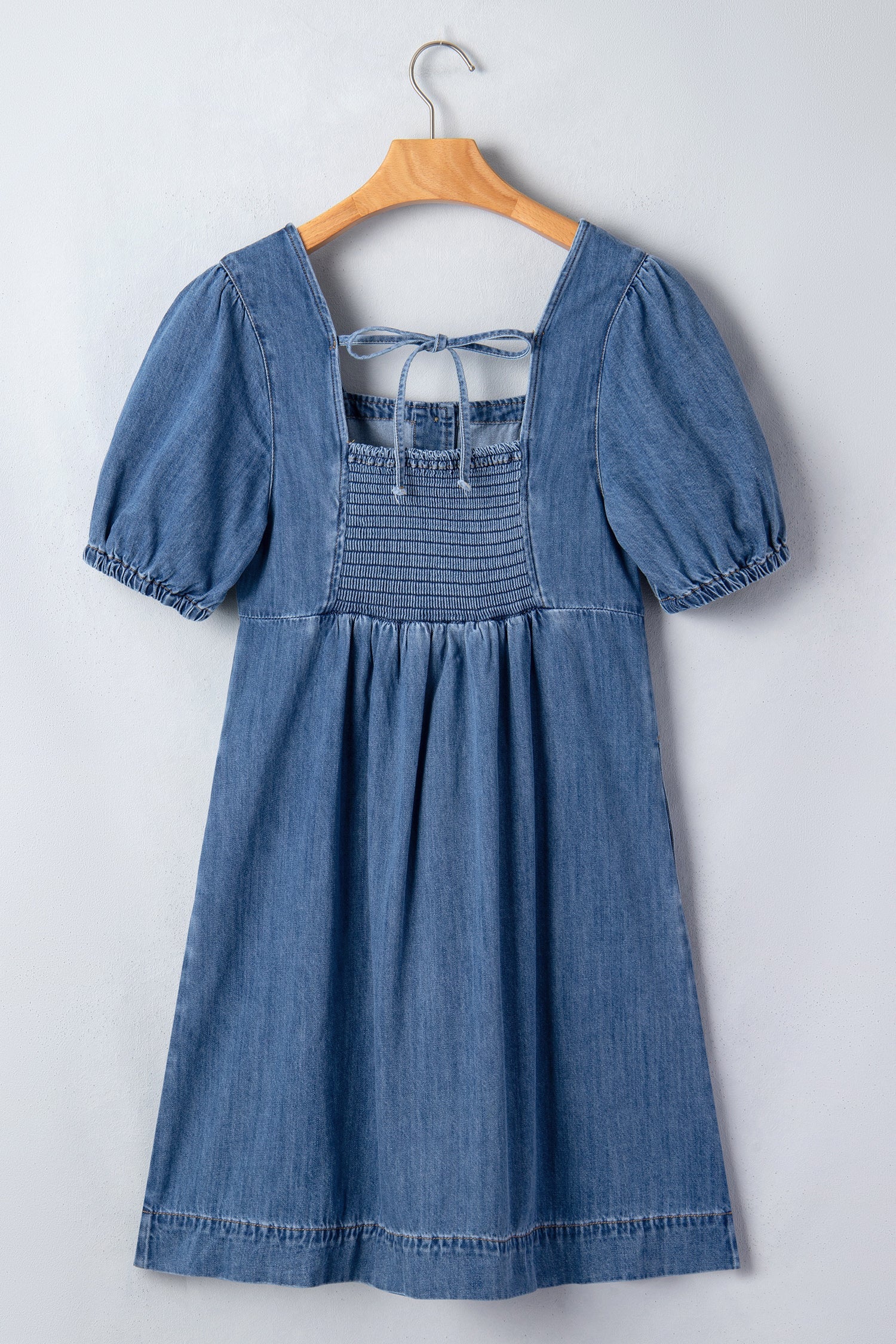 Denim Button Square Neck Puff Sleeve Mini Dress