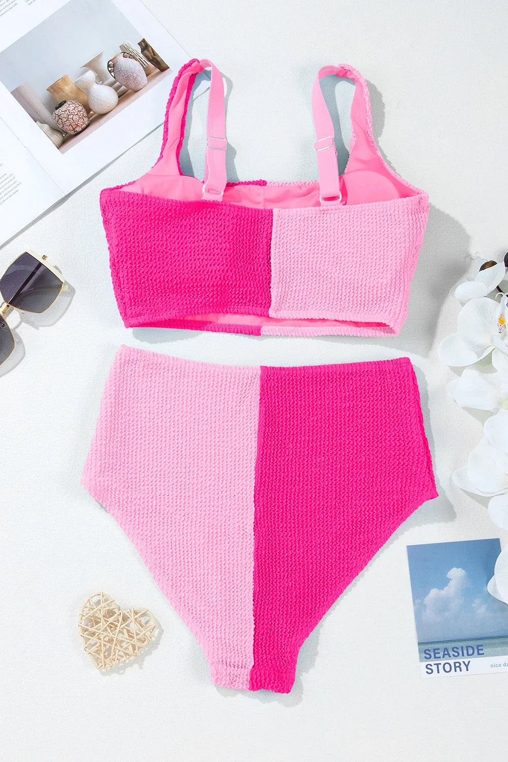 Colorblock Corded Top & High Waist Bikini Set