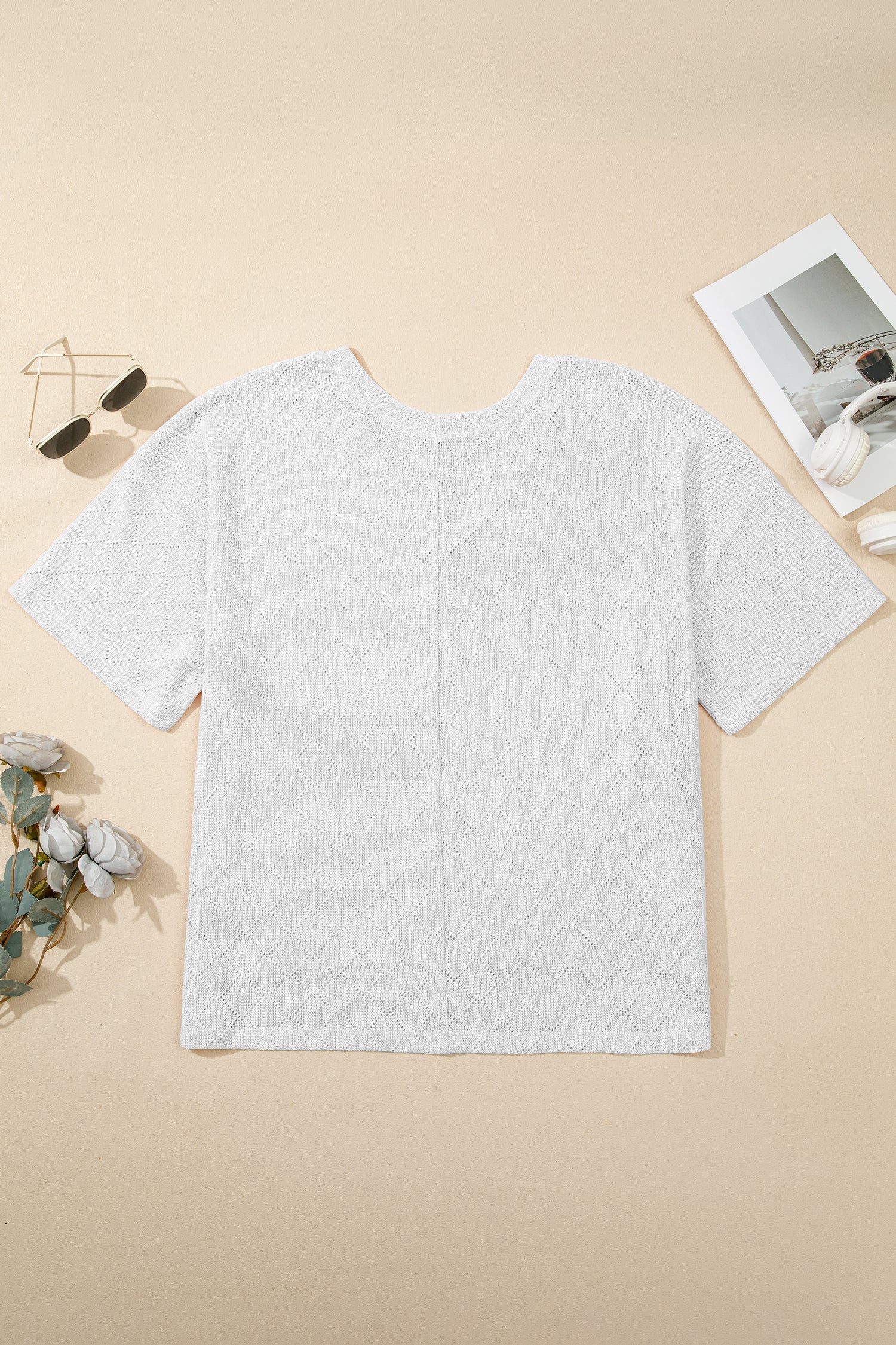 Plus Size Solid Pointelle Knit Rhombus V-Neck Top