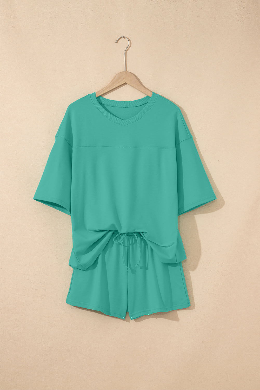 Solid Loose V-Neck Tee & Drawstring Shorts Set