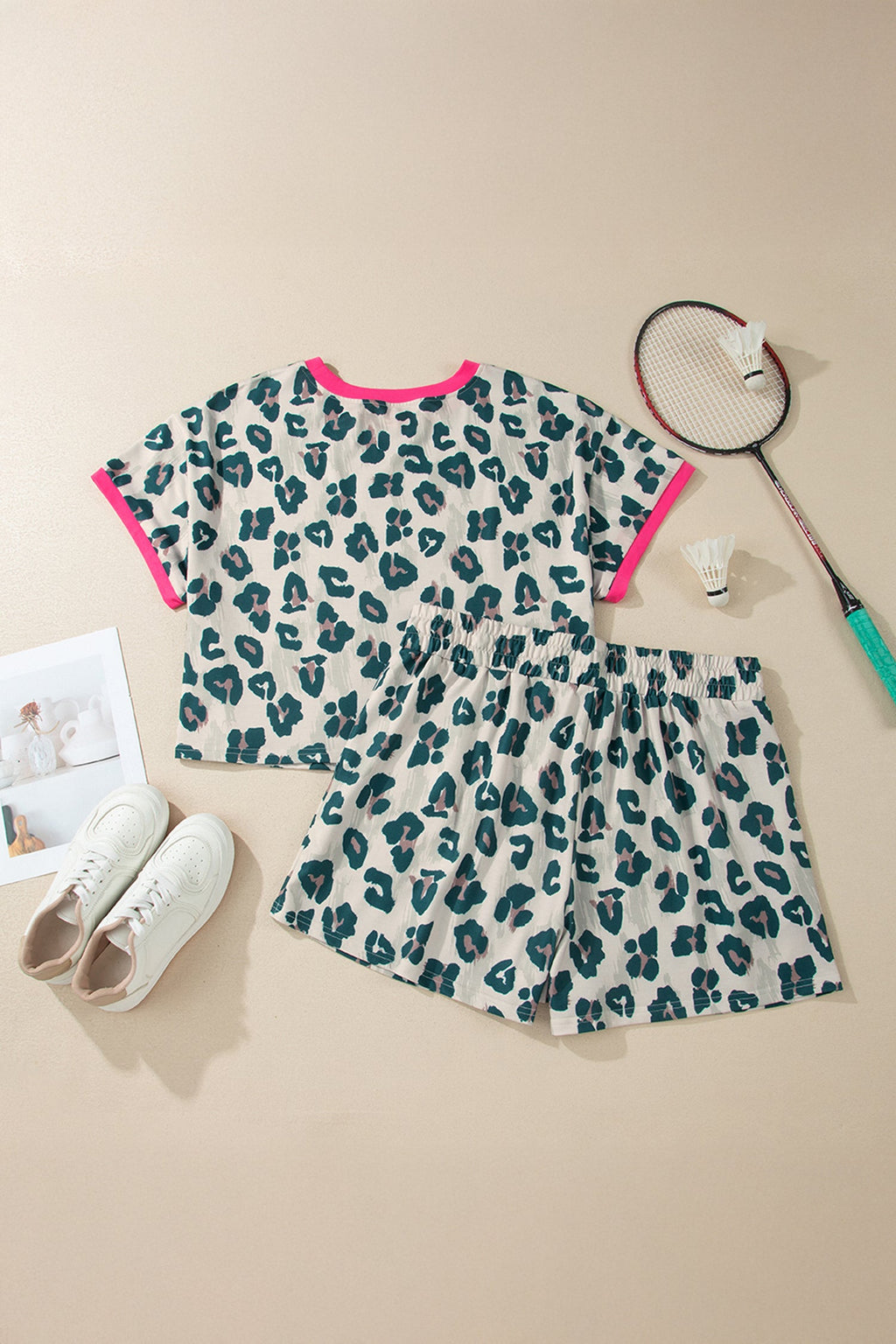 Plus Size Leopard Colorblock Top & High Waist Shorts
