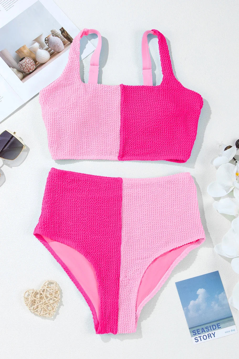 Colorblock Corded Top & High Waist Bikini Set