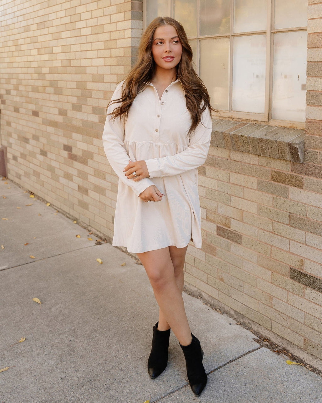 Abigail Corduroy Half Button Collared Long Sleeve Dress - Oatmeal