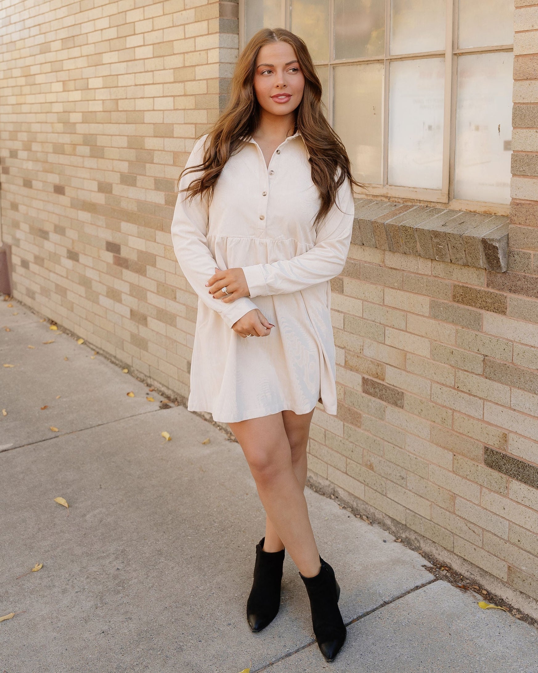 Abigail Corduroy Half Button Collared Long Sleeve Dress - Oatmeal