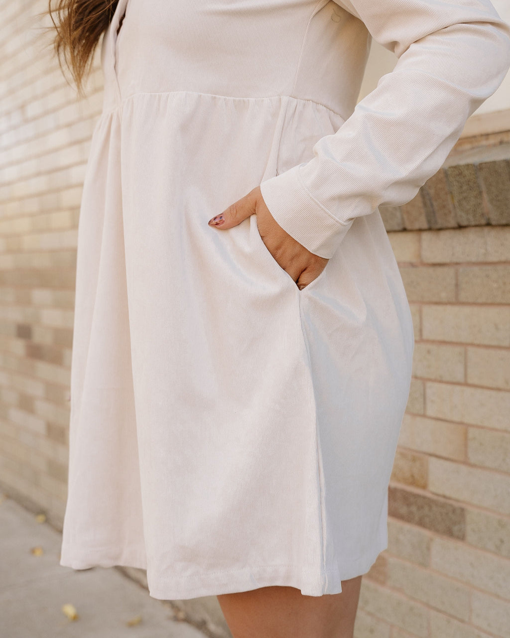 Abigail Corduroy Half Button Collared Long Sleeve Dress - Oatmeal
