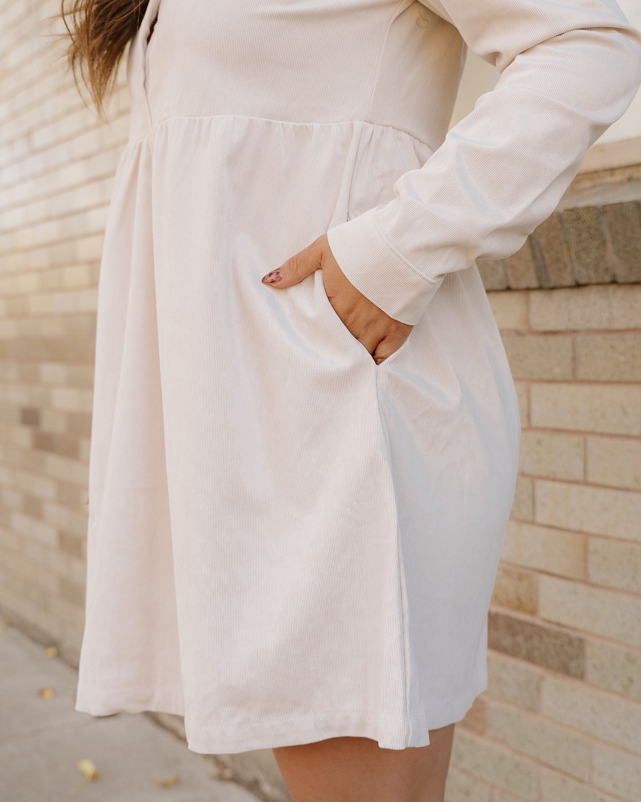 Abigail Corduroy Half Button Collared Long Sleeve Dress - Oatmeal