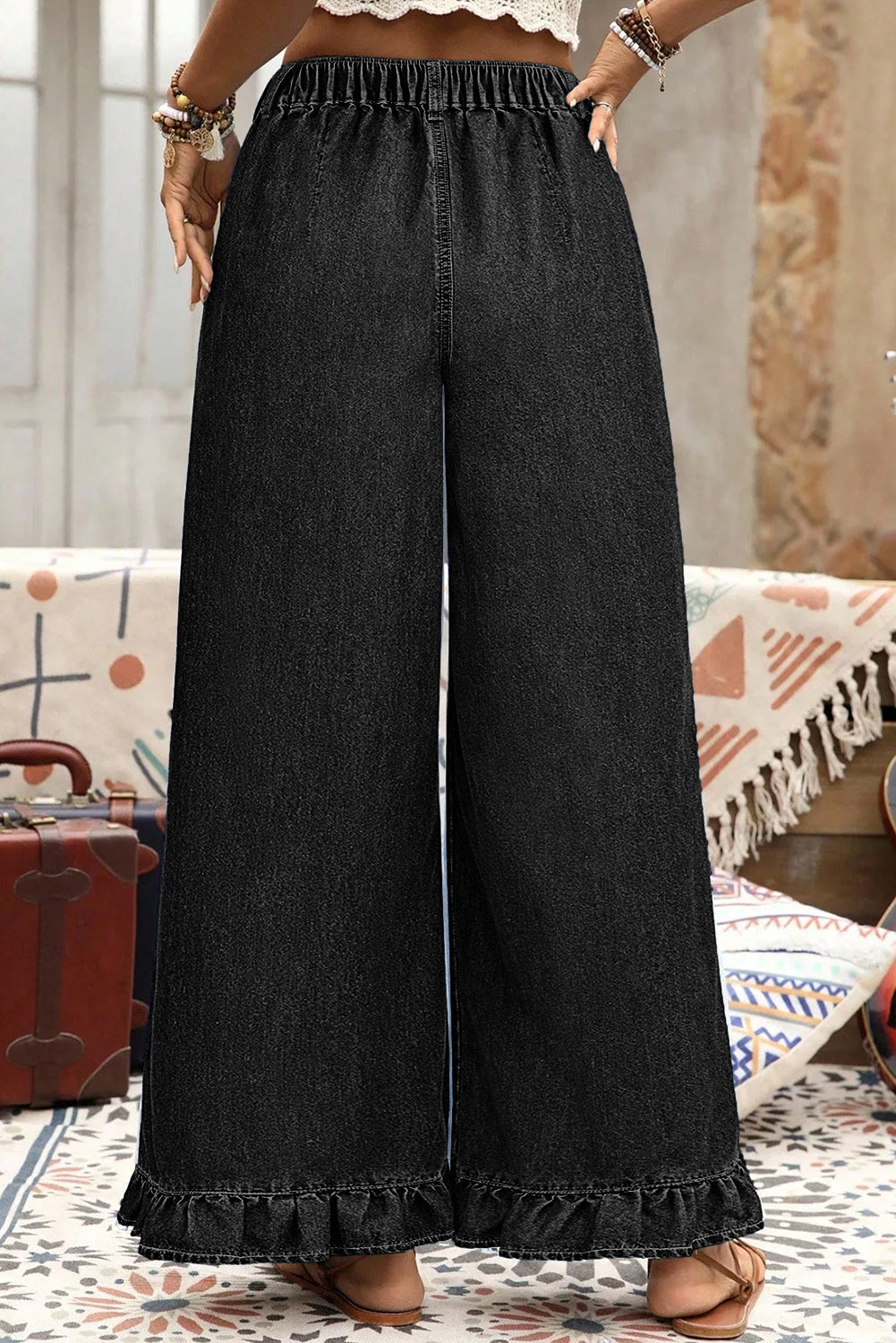 Plus Size Denim Elastic Waist Ruffle Wide Leg Pants