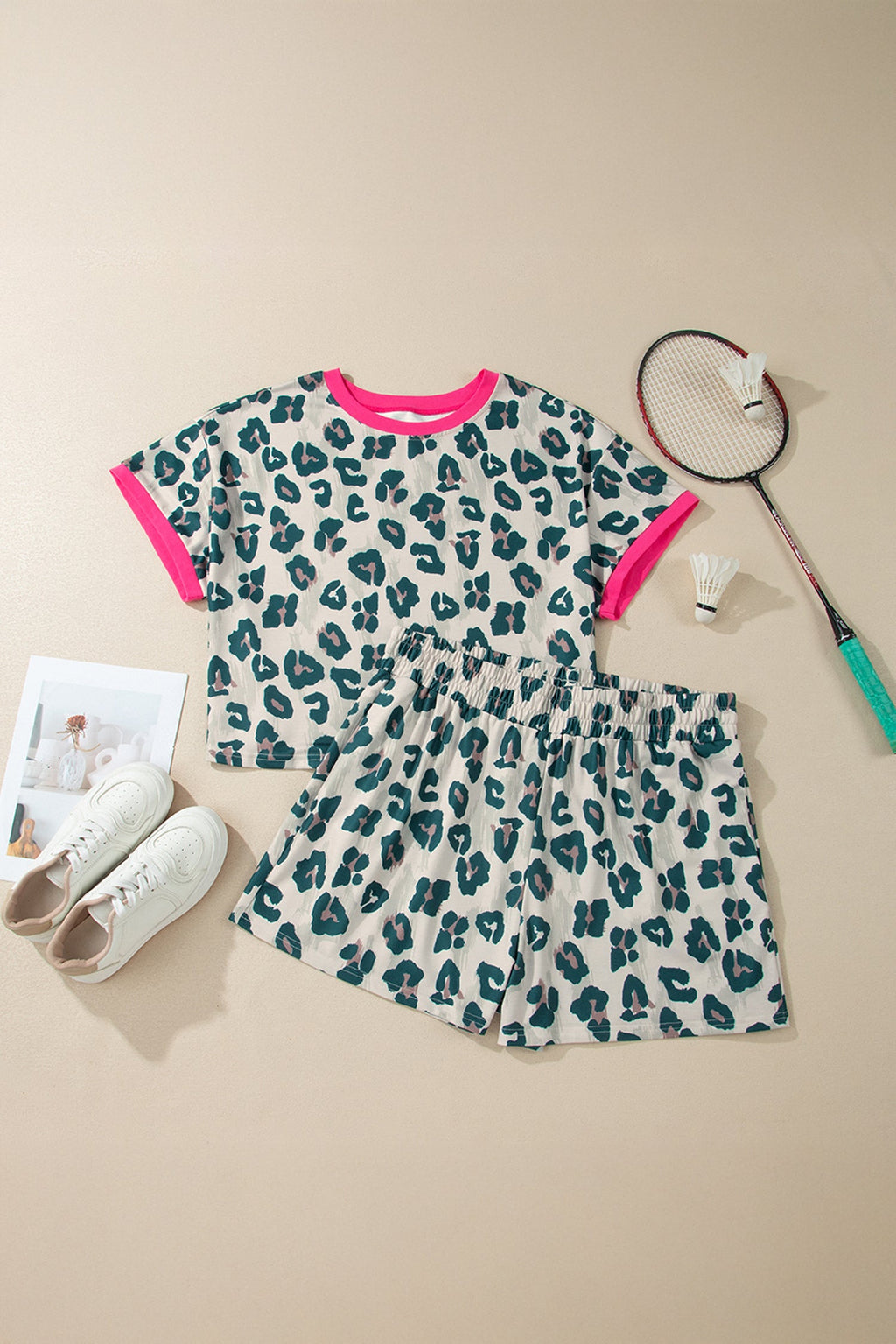 Plus Size Leopard Colorblock Top & High Waist Shorts