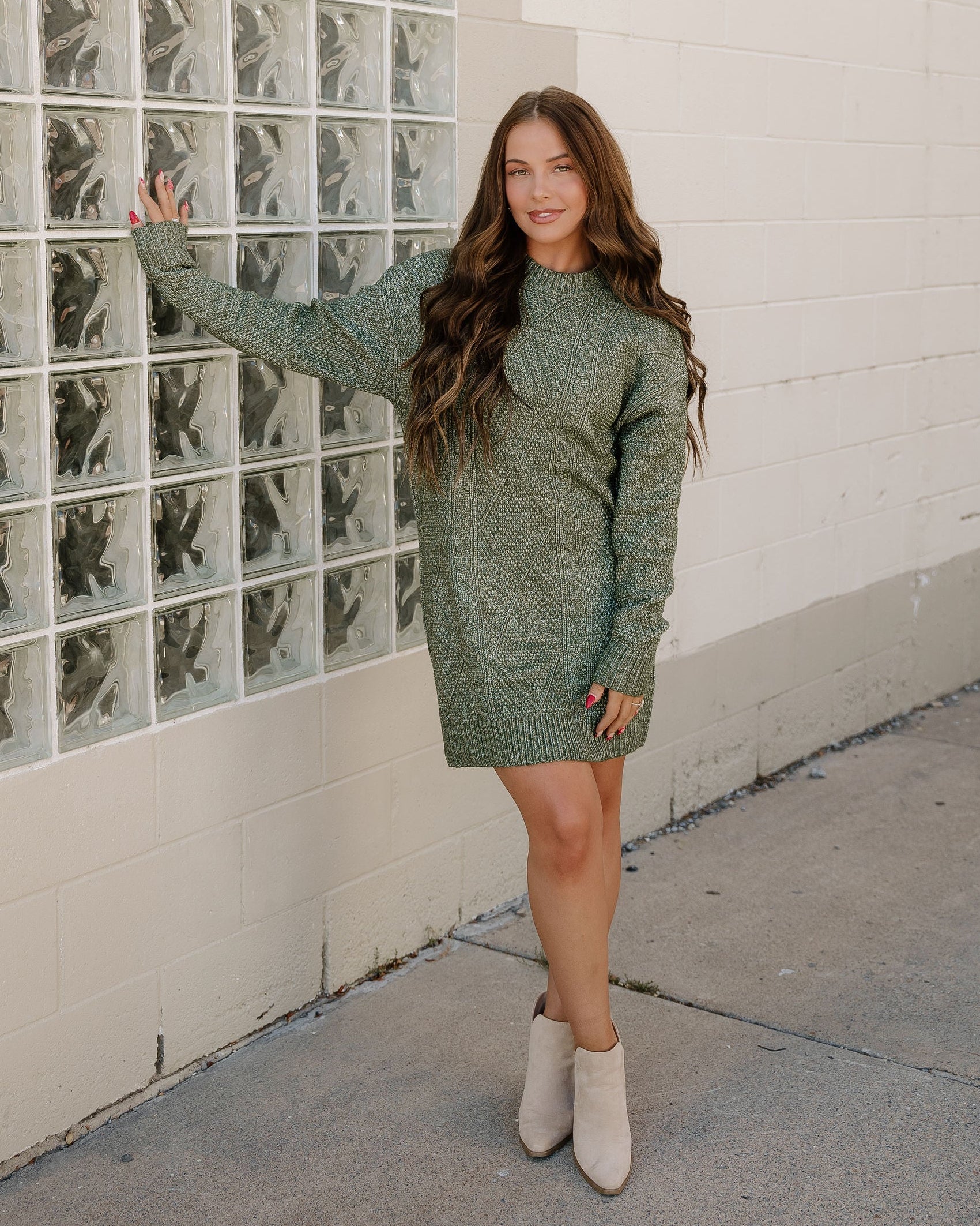 Cable Knit Sweater Dress - Green