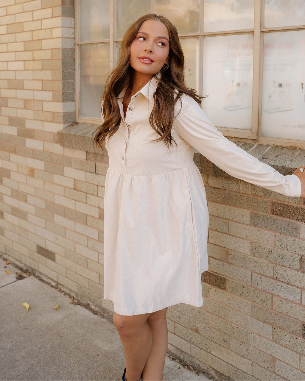 Abigail Corduroy Half Button Collared Long Sleeve Dress - Oatmeal
