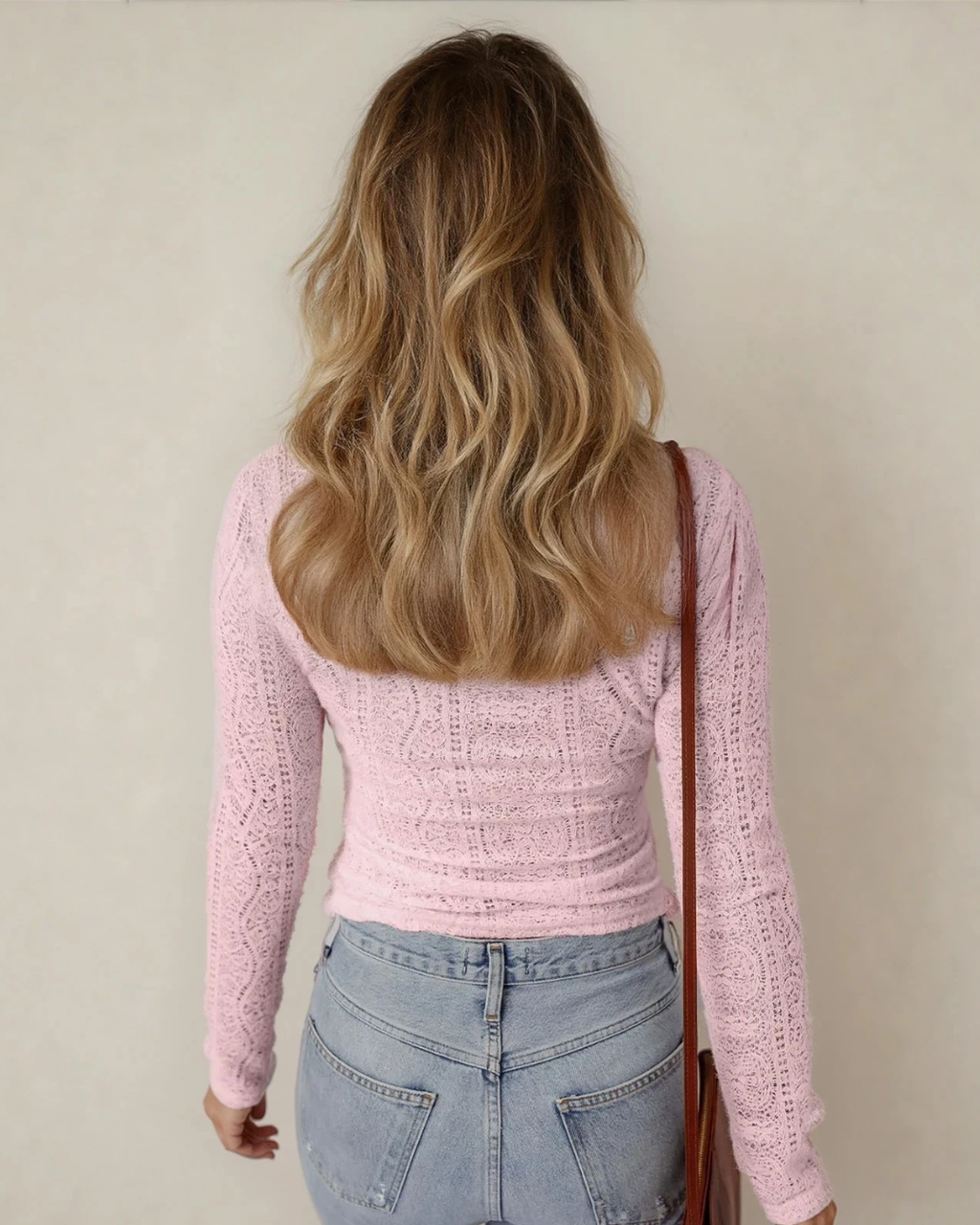 Juliette Semi Sheer Lace Long Sleeve Cropped Top - Light Pink