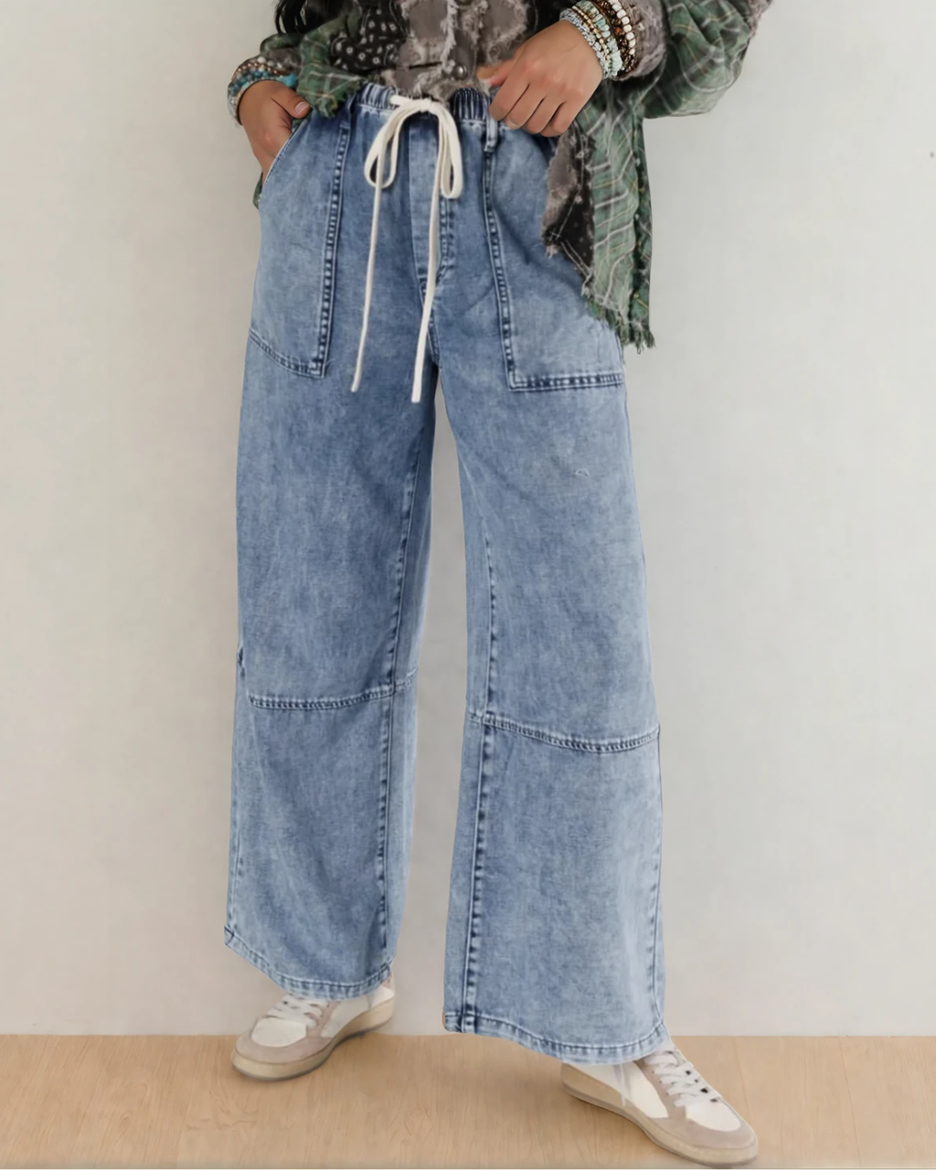 Celestine Acid Wash Exposed Seam Drawstring Elastic Waist Barrel Jeans