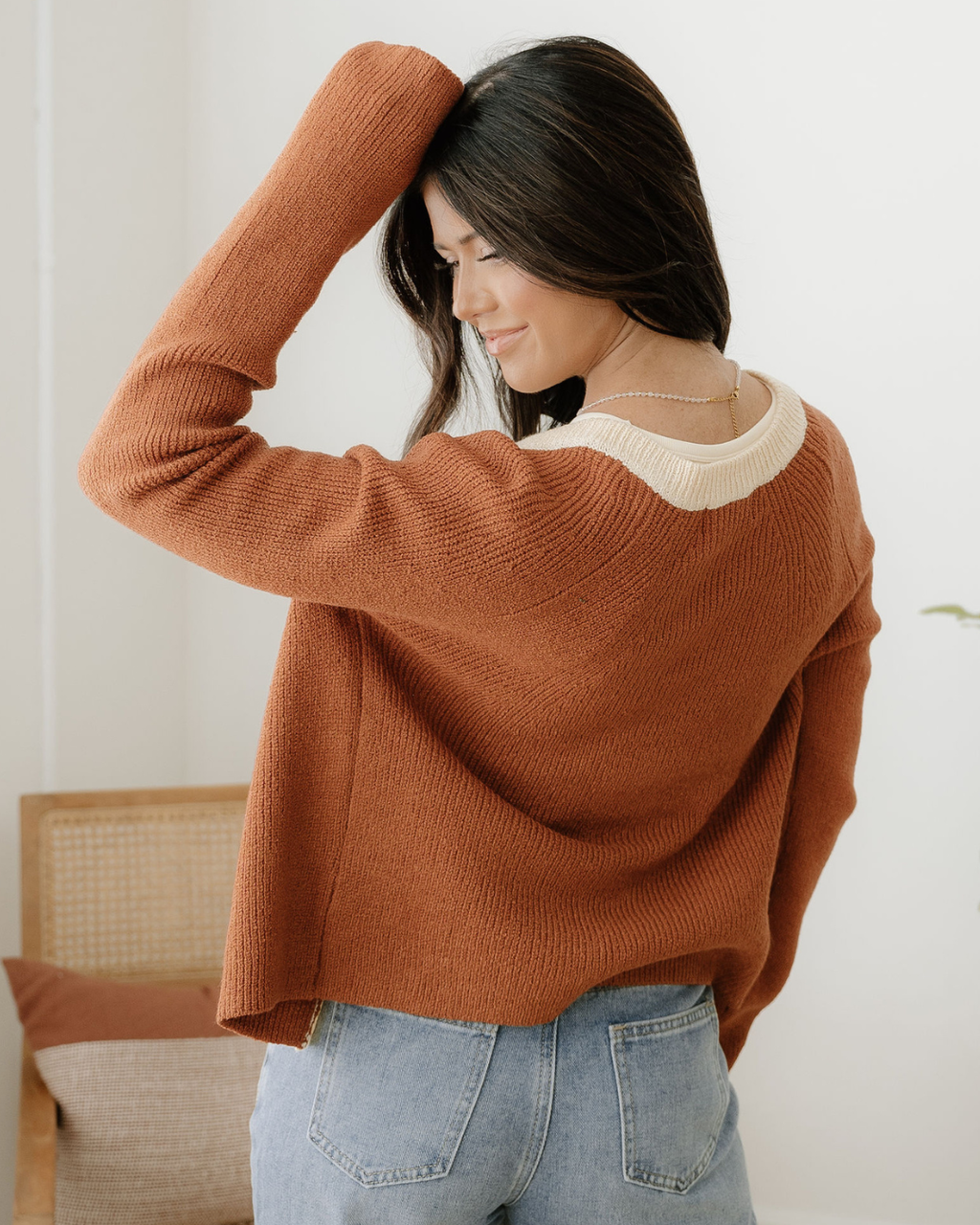 Ember Contrast Color V Neckline Knit Cardigan