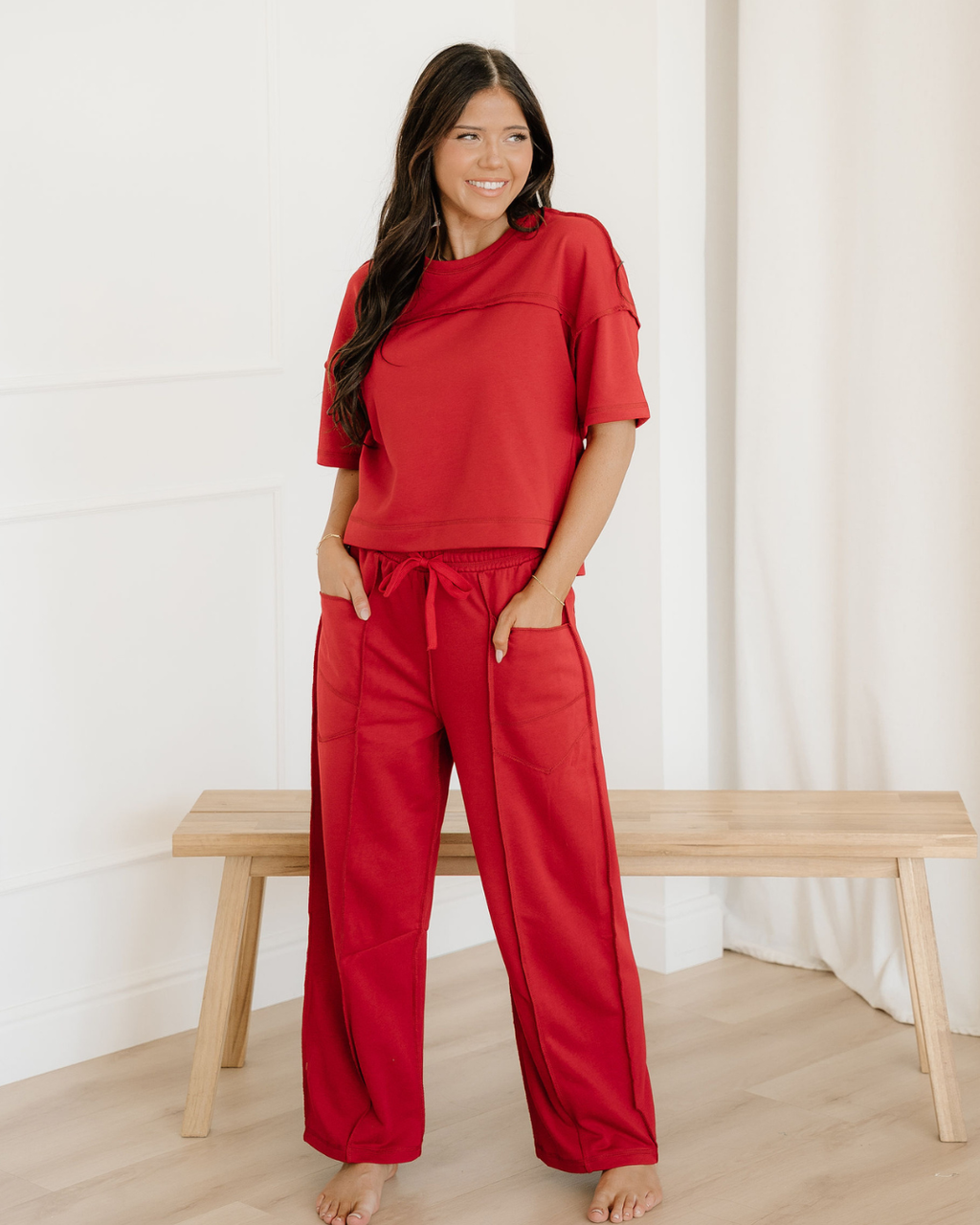 Drop Shoulder Boxy Tee and Barrel Pants Set  - Racing Red