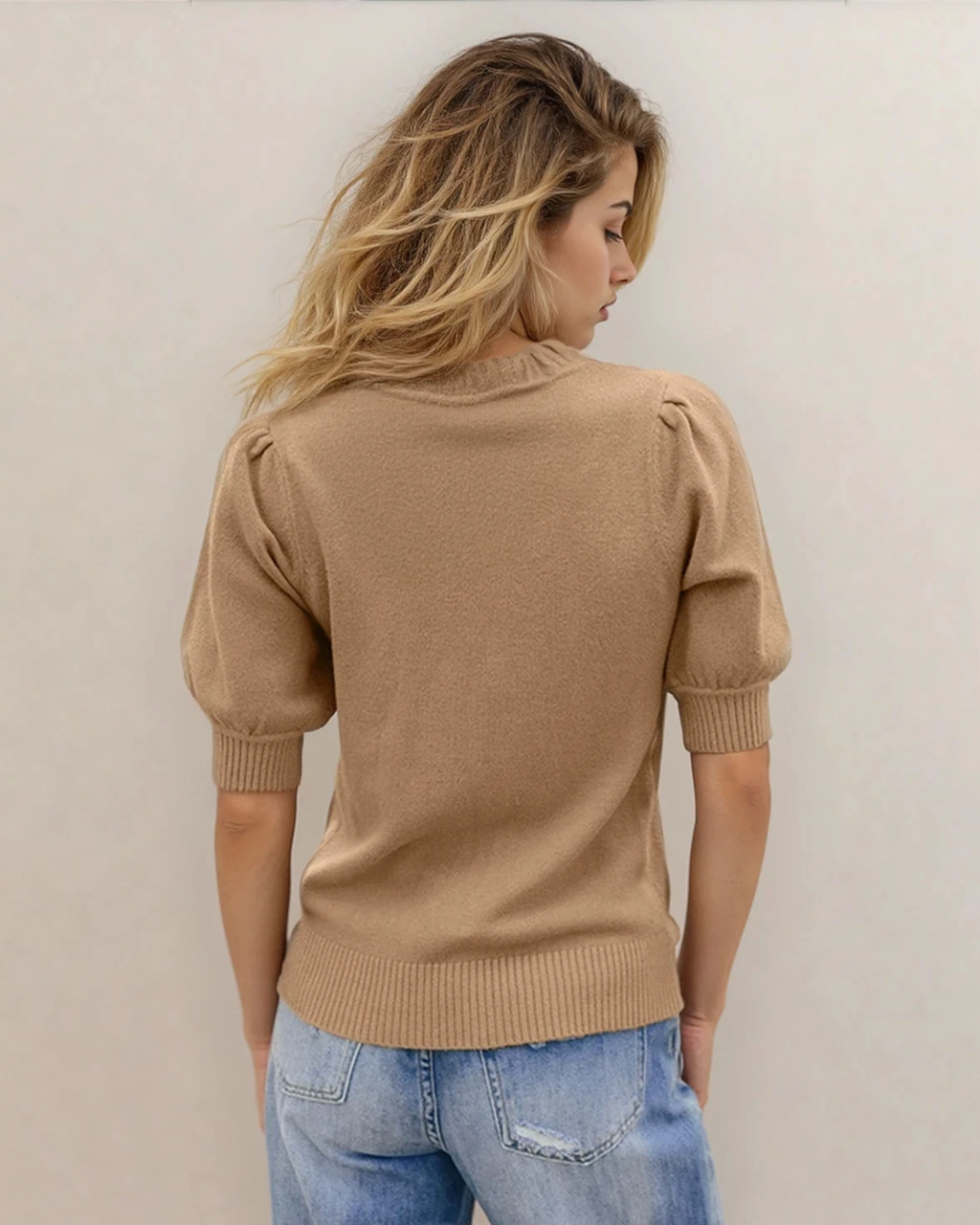 Chloe Solid Color Knit Short Puff Sleeve Sweater