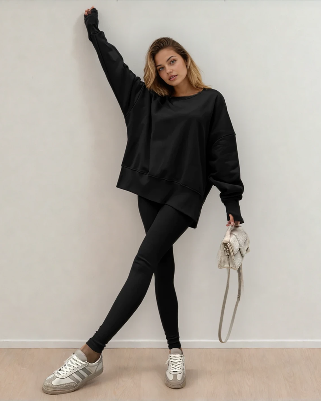 Remi Solid Color Oversize Slit Sweatshirt Ribbed Leggings 2pcs Set - Black