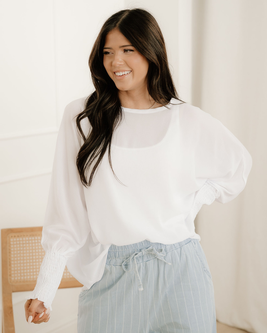 Marley Smocked Cuffs Semi Sheer Long Sleeve Dolman Blouse