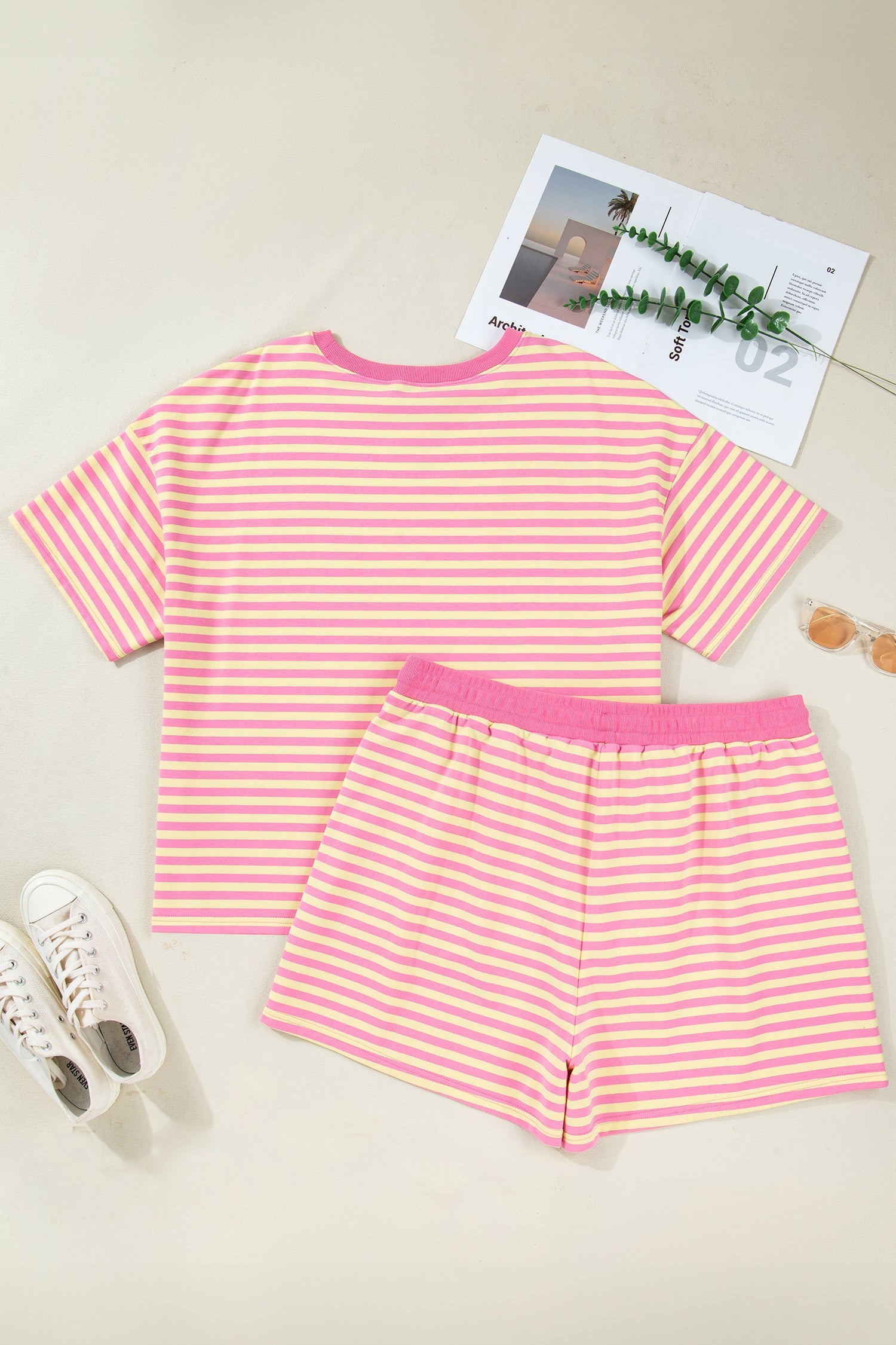 Plus Size Stripe Boxy Tee & Drawstring Short Set