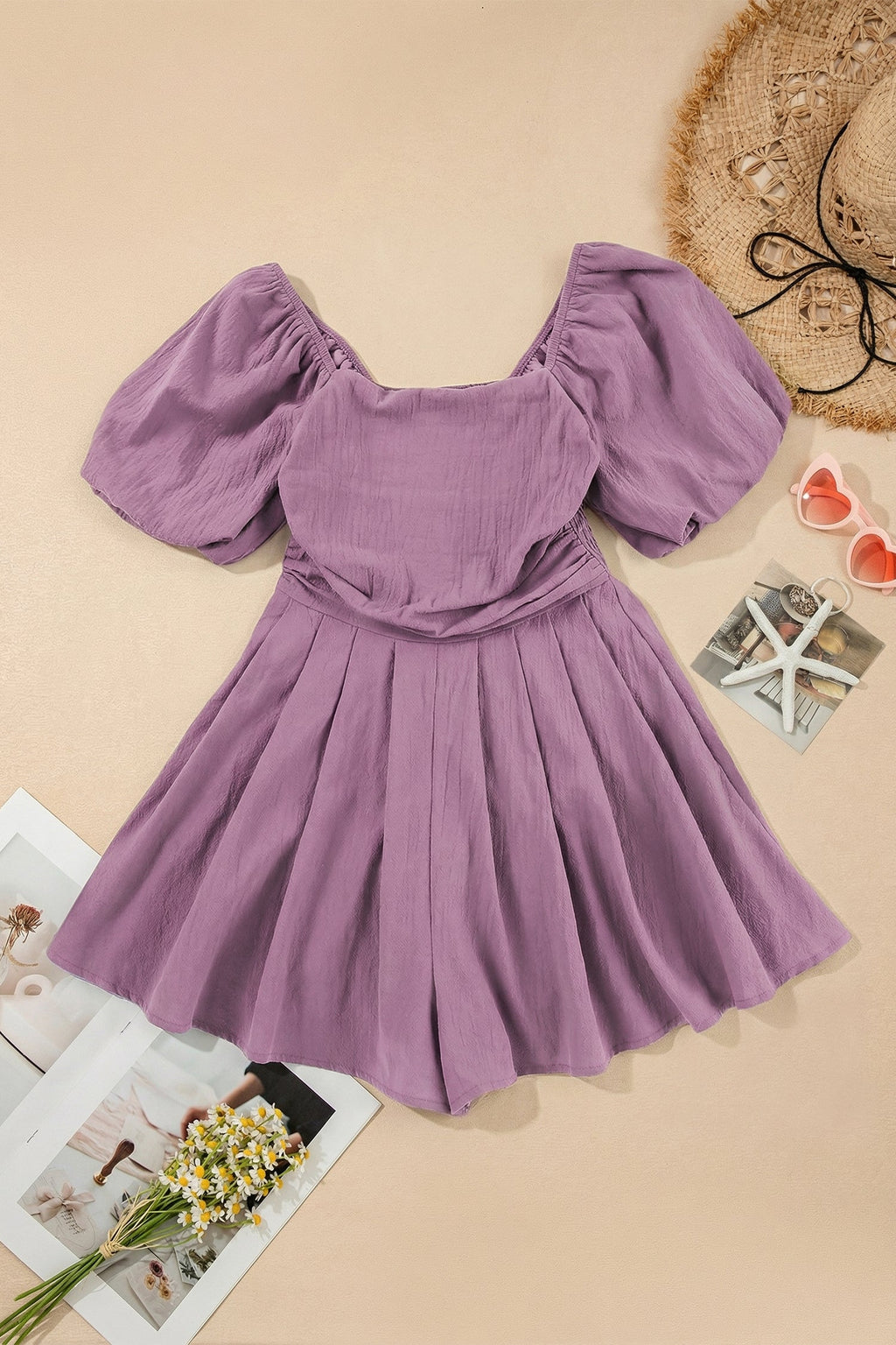 Solid Square Neck Ruched Puff Sleeve Romper
