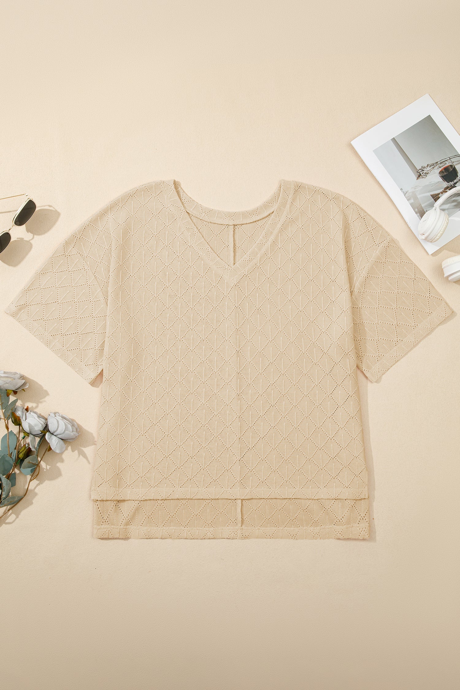 Plus Size Solid Pointelle Knit Rhombus V-Neck Top