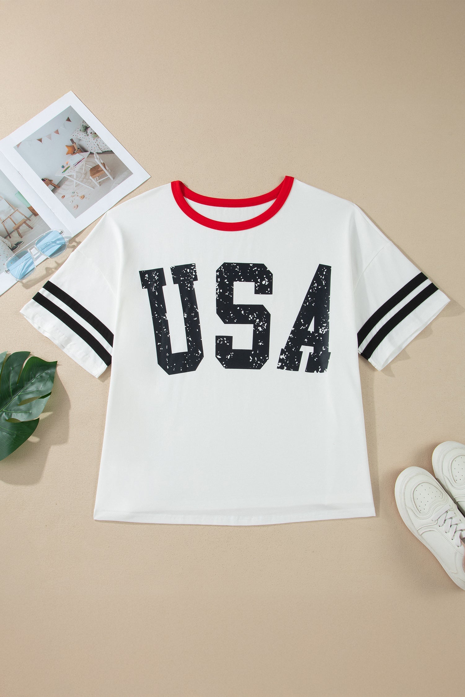 Plus Size USA Varsity Stripe Trim Short Sleeve Tee