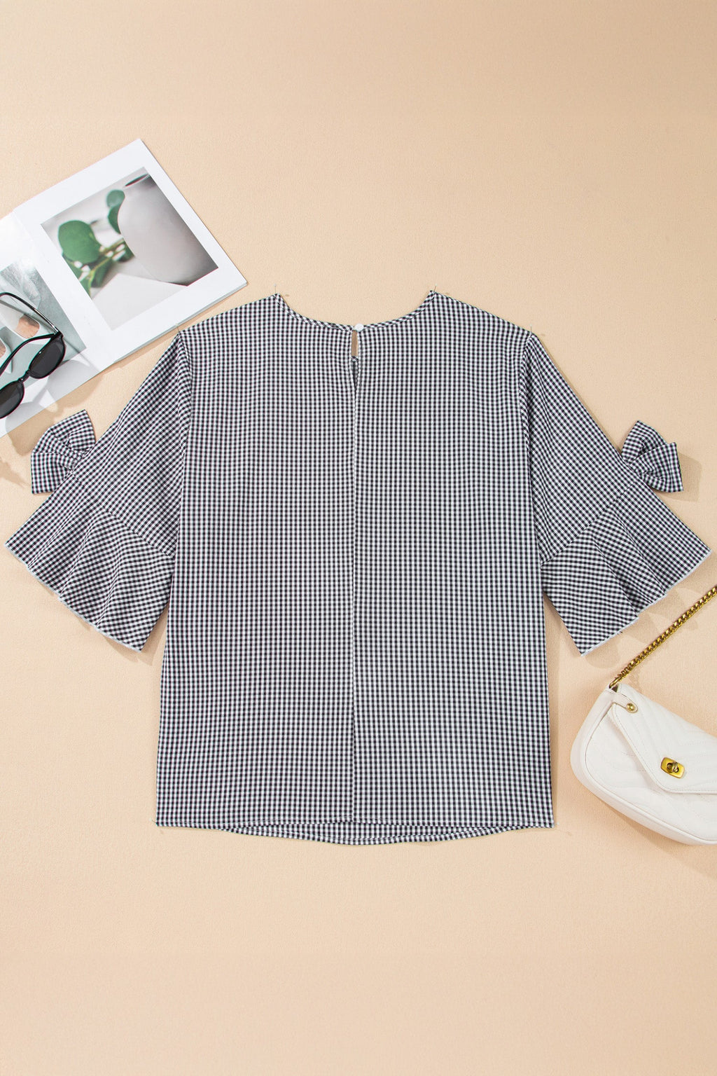Plus Size Gingham Bow Ruffle Sleeve Top