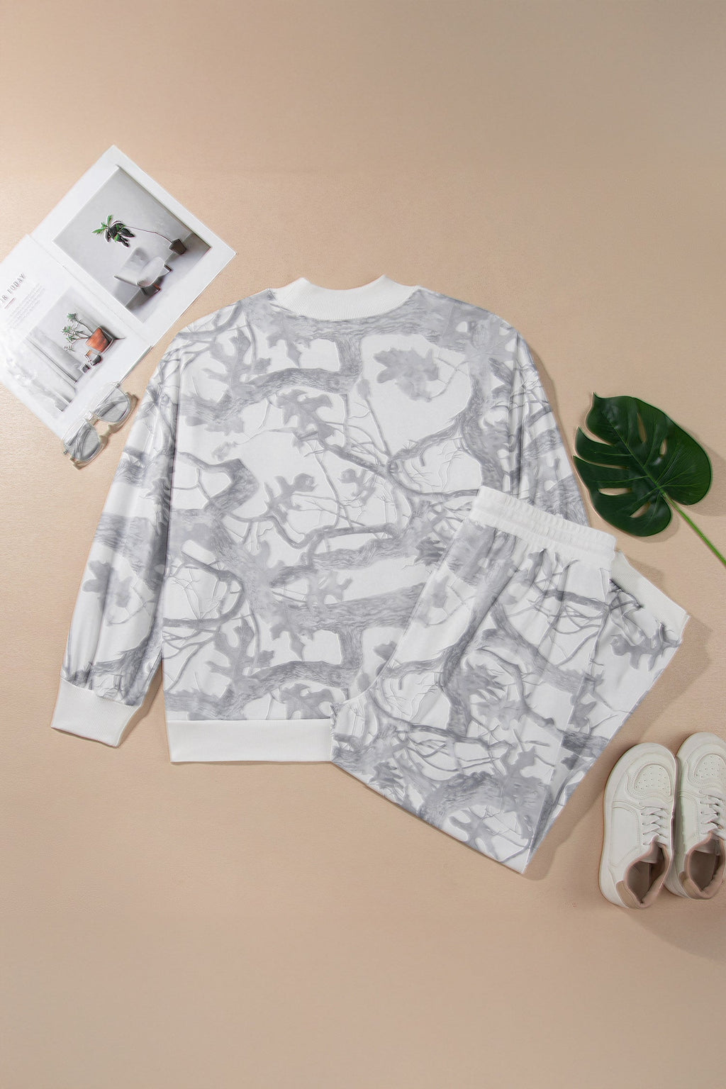 Plus Size Camo Long Sleeve Top and Pants Set