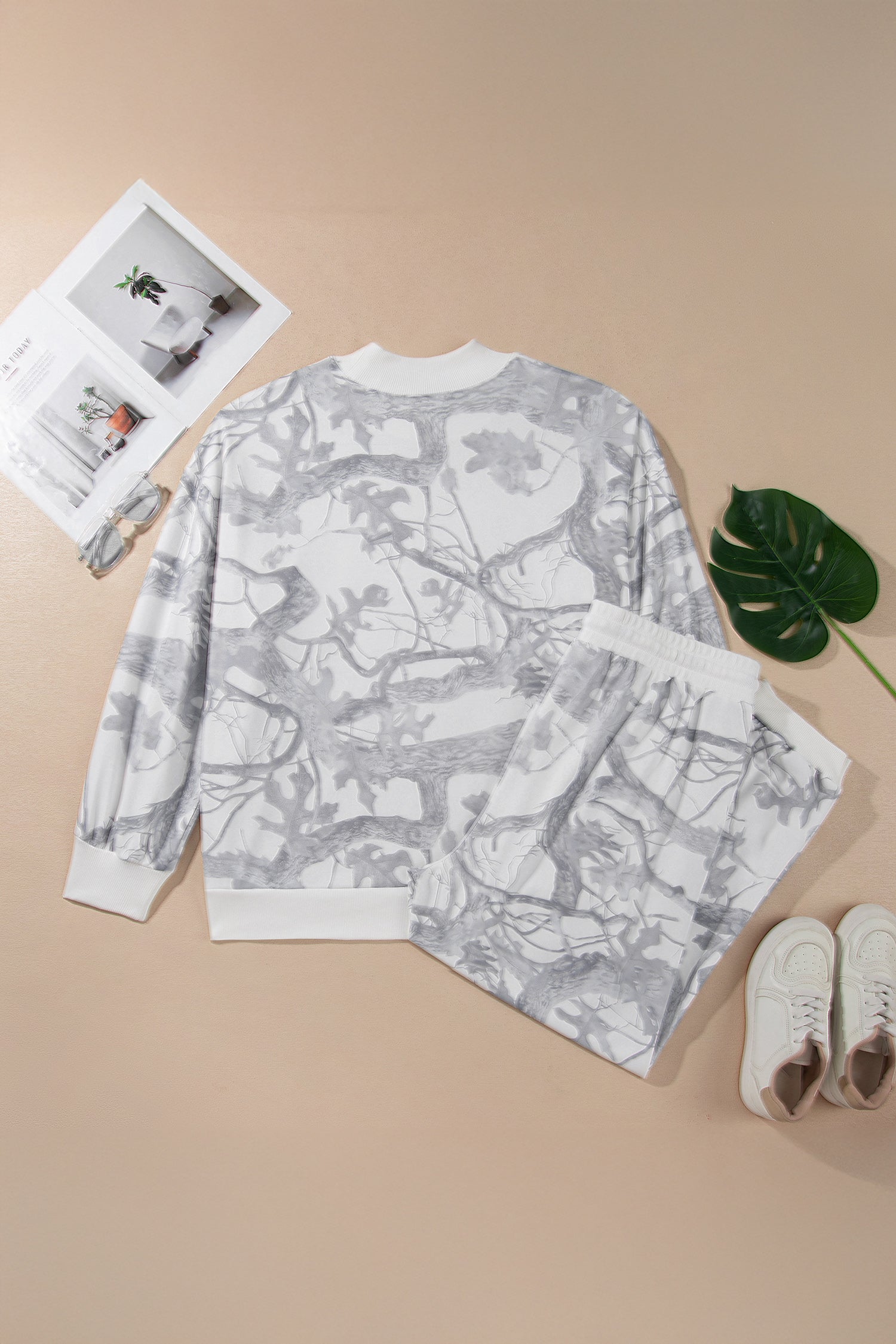 Plus Size Camo Long Sleeve Top and Pants Set