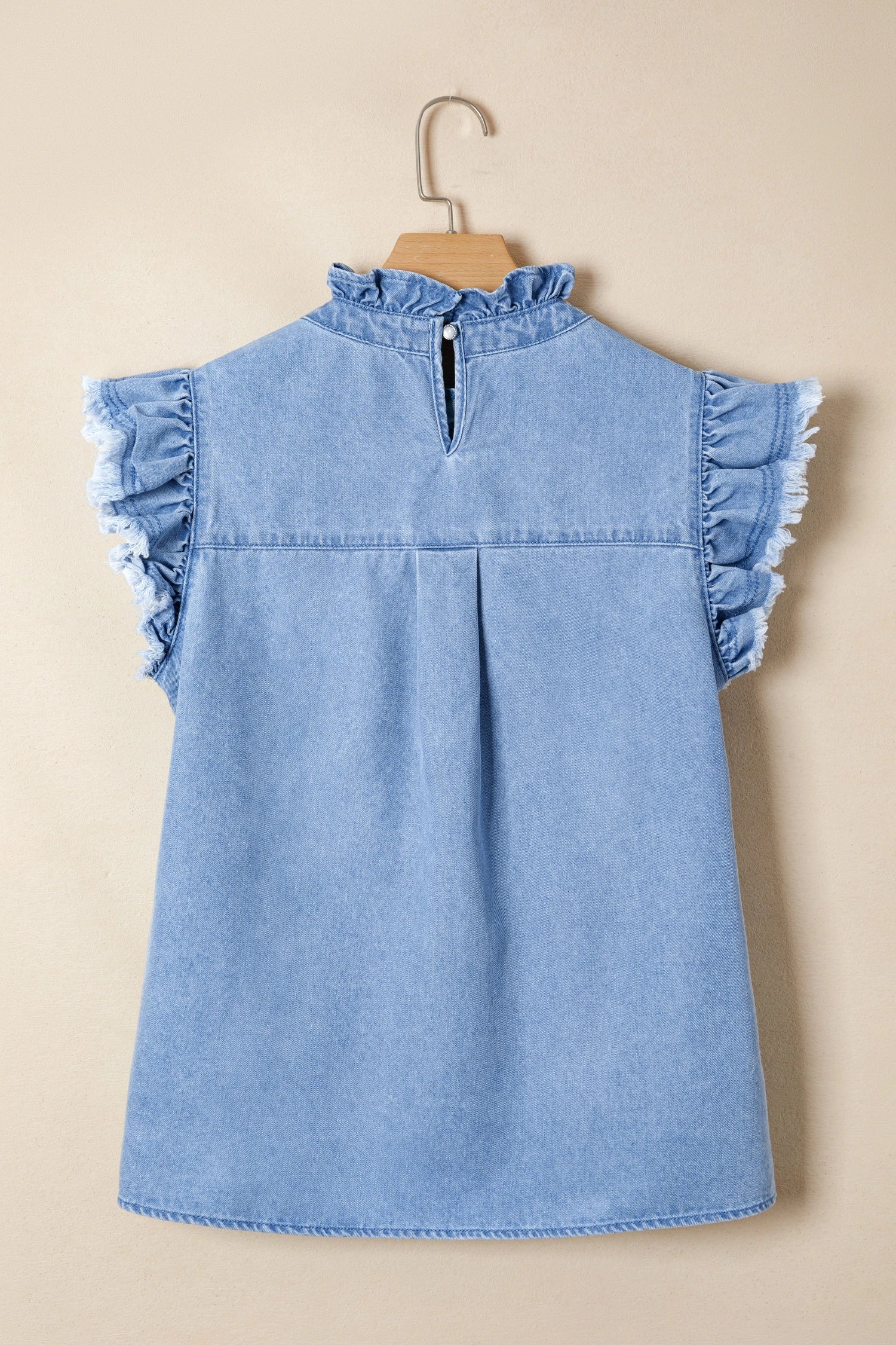 Denim Frilled Collar Flutter Sleeve Top