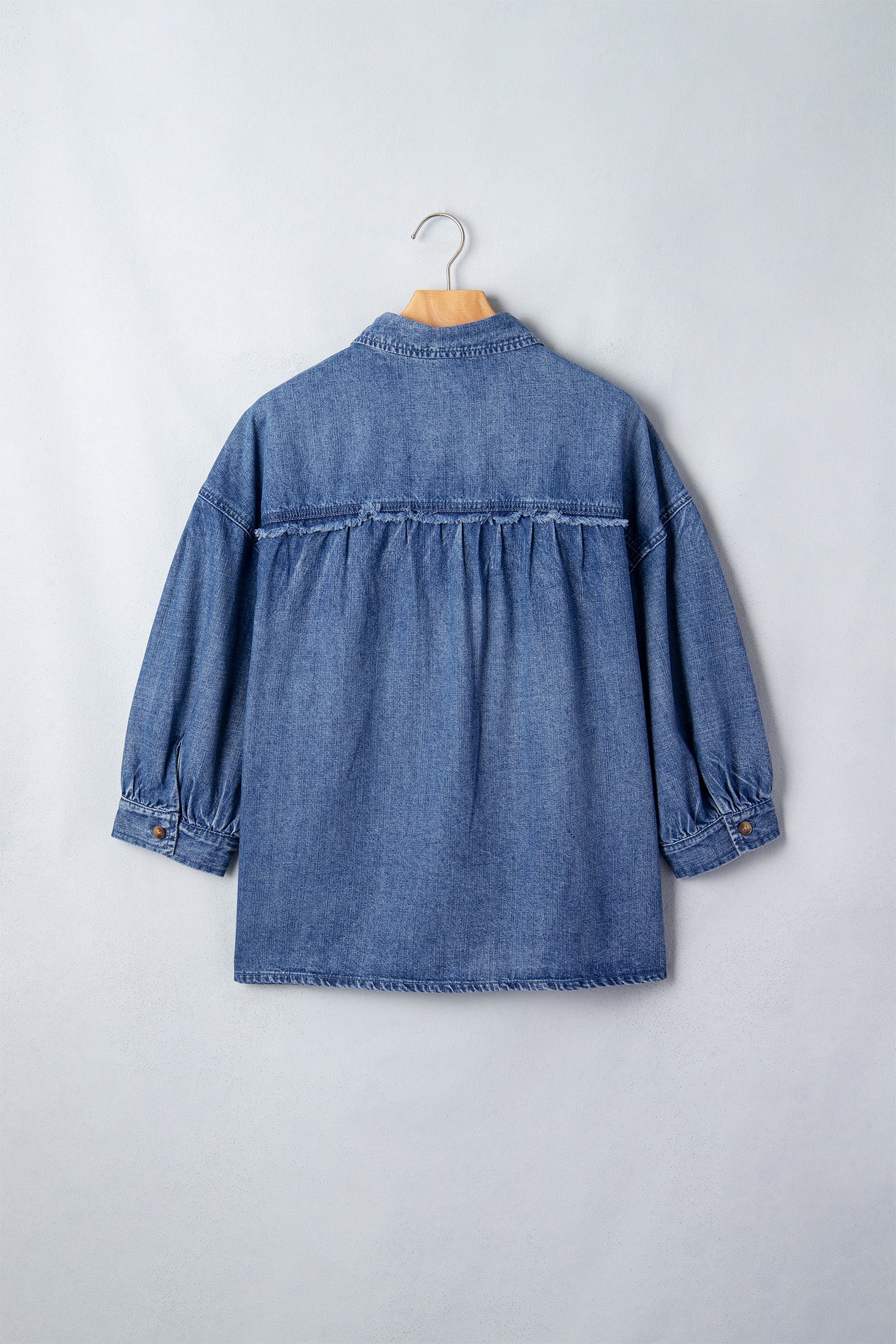 Denim Chest Pocket 3/4 Sleeve Loose Buttoned Shirt