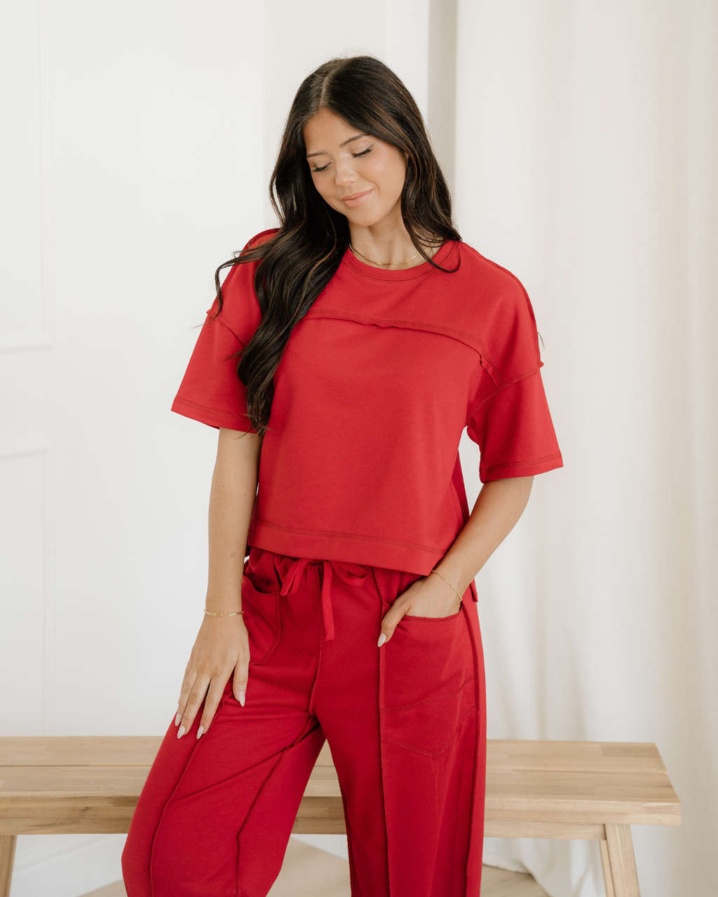 Drop Shoulder Boxy Tee and Barrel Pants Set  - Racing Red