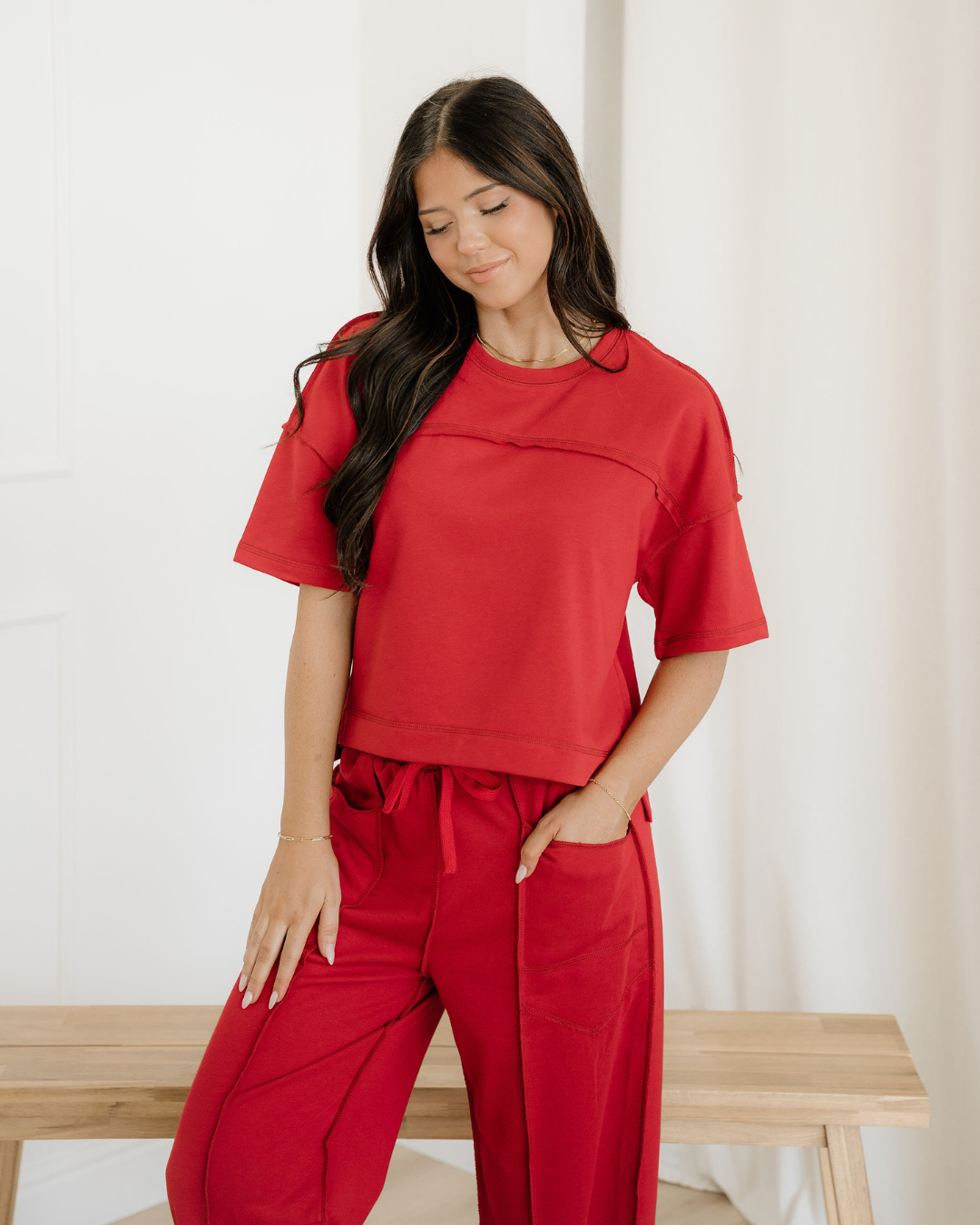 Drop Shoulder Boxy Tee and Barrel Pants Set  - Racing Red