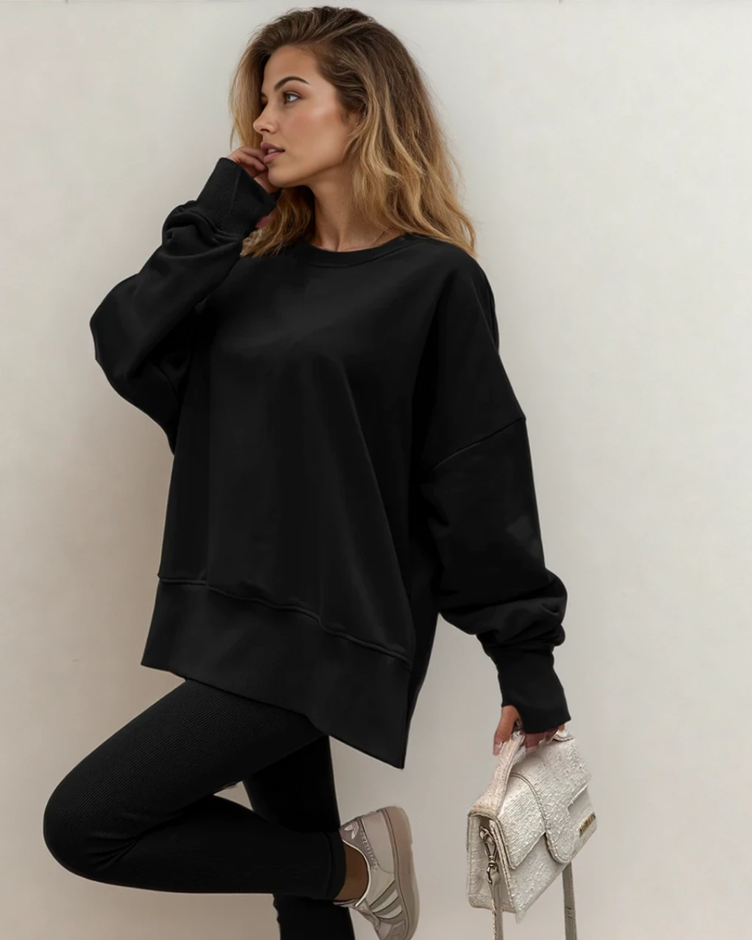 Remi Solid Color Oversize Slit Sweatshirt Ribbed Leggings 2pcs Set - Black