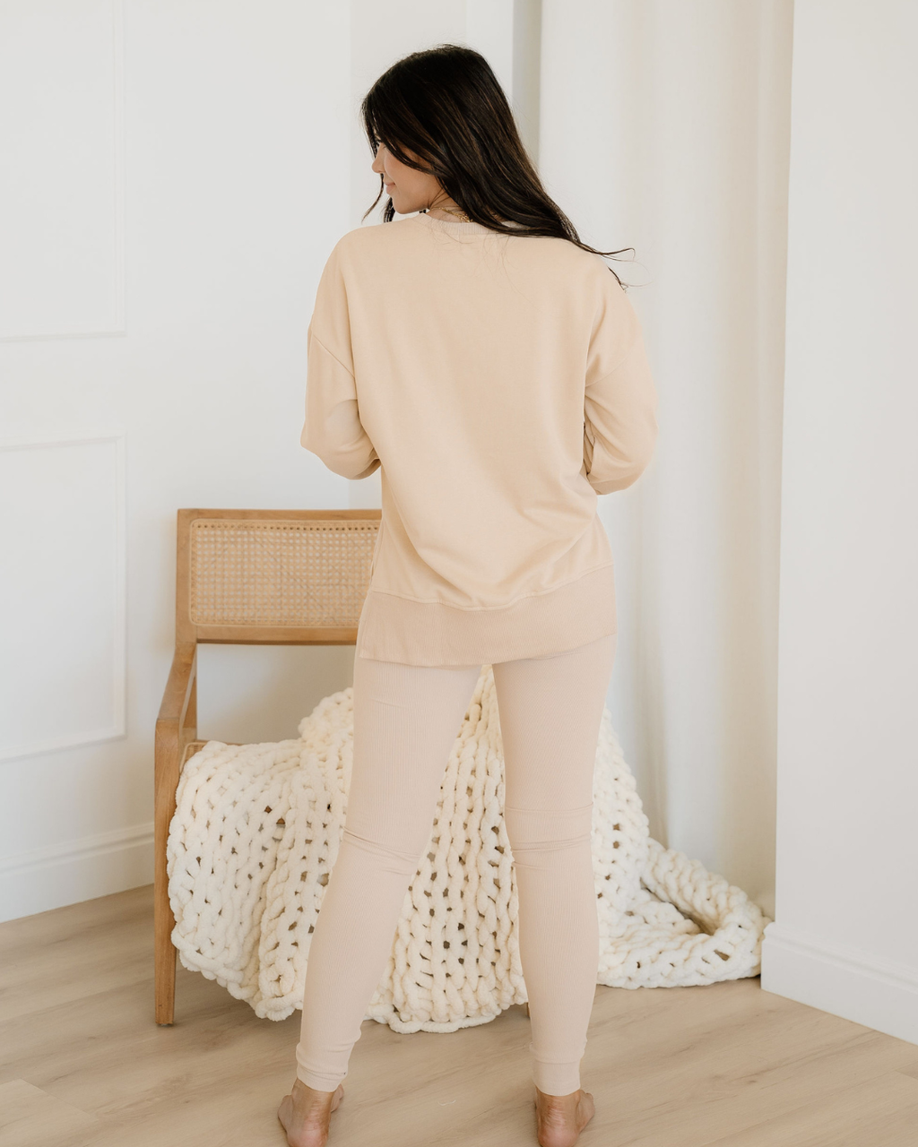 Remi Solid Color Oversize Slit Sweatshirt Ribbed Leggings 2pcs Set - Jet Stream