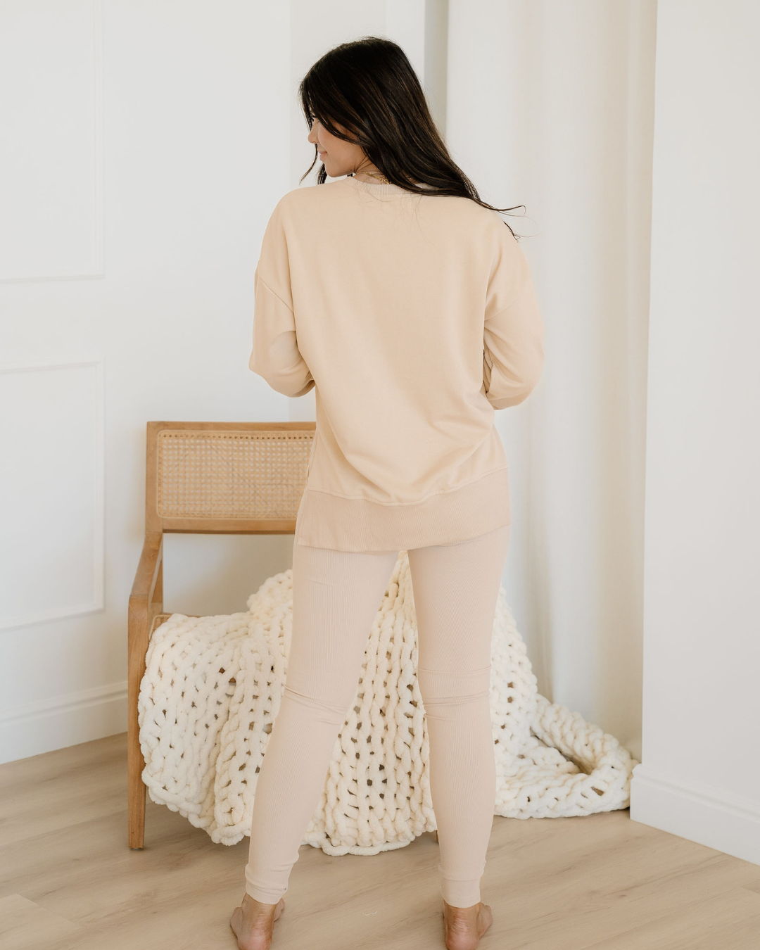 Remi Solid Color Oversize Slit Sweatshirt Ribbed Leggings 2pcs Set - Jet Stream