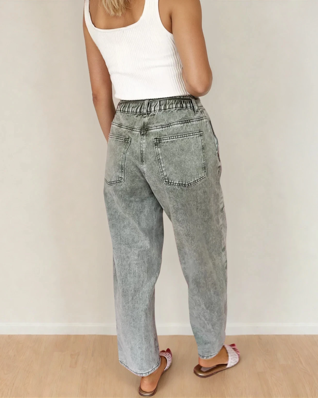 Shiloh Acid Wash Barrel Fit Denim Pants with Waist String - Gray