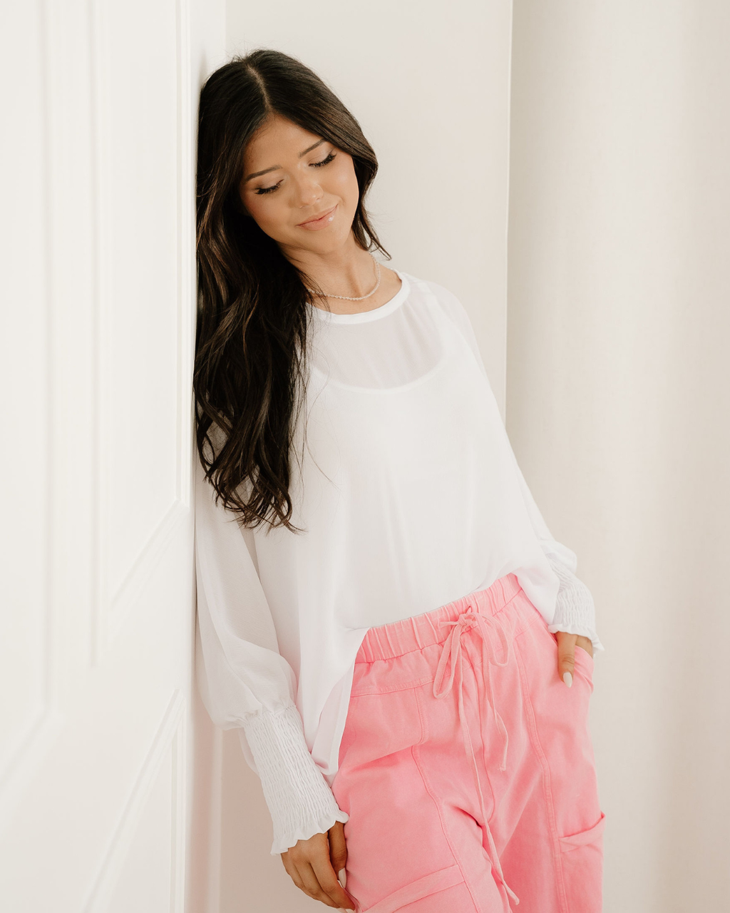 Marley Smocked Cuffs Semi Sheer Long Sleeve Dolman Blouse