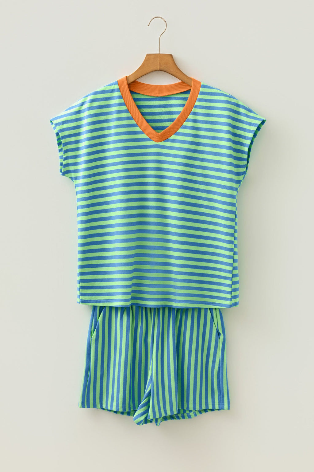 Stripe Colorblock V-Neck Tee & Drawstring Short Set