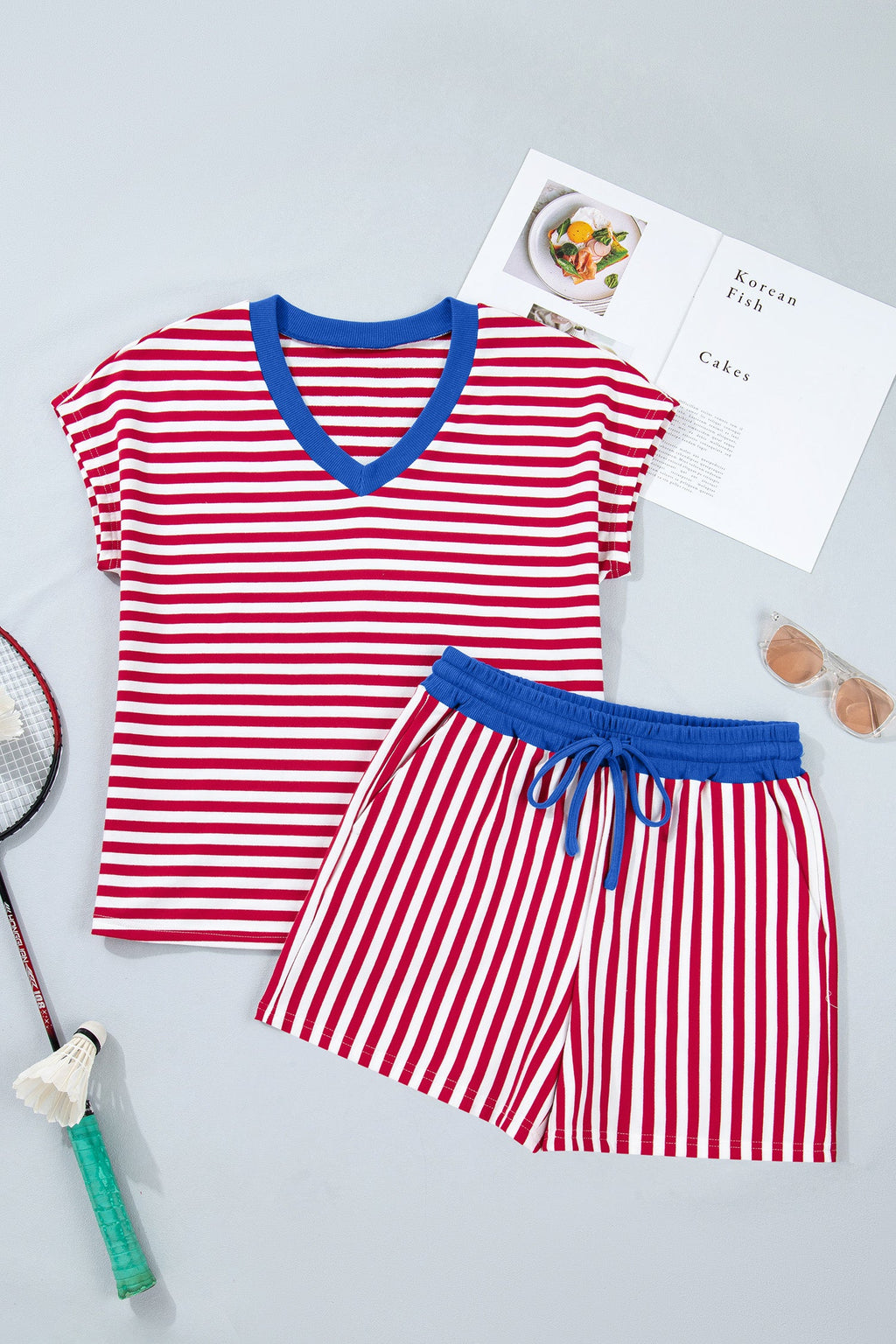 Stripe Colorblock V-Neck Tee & Drawstring Short Set