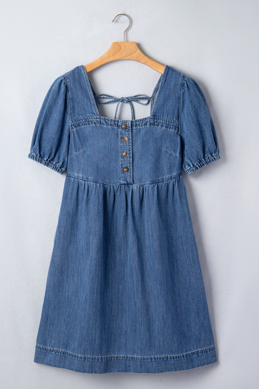 Denim Button Square Neck Puff Sleeve Mini Dress