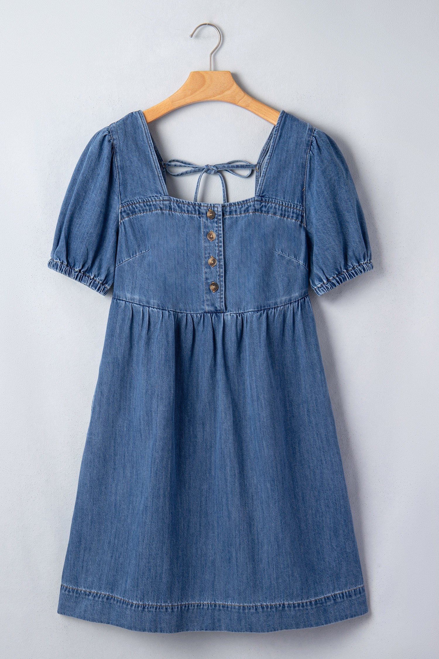 Denim Button Square Neck Puff Sleeve Mini Dress