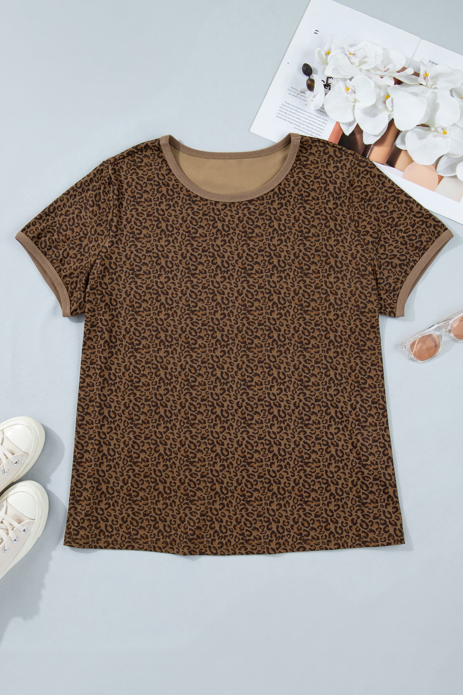 Plus Size Leopard Ribbed Trim Short Sleeve Tee