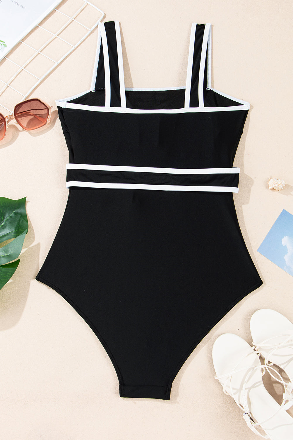 Colorblock Contrast Trim Belted One Piece Swimsuit