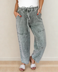 Shiloh Acid Wash Barrel Fit Denim Pants with Waist String - Gray