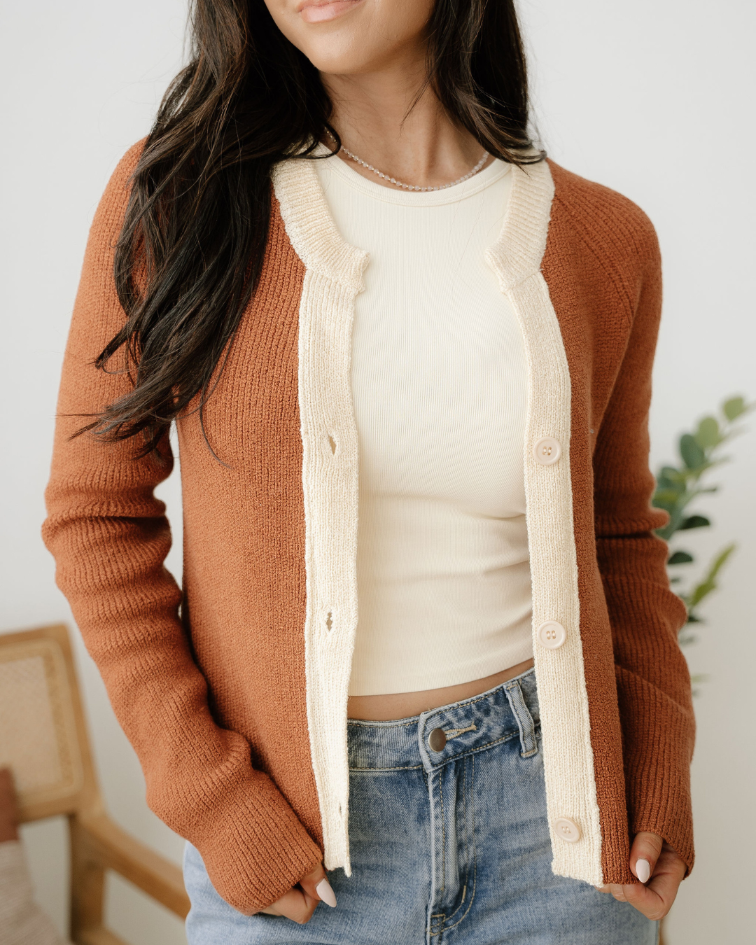 Ember Contrast Color V Neckline Knit Cardigan