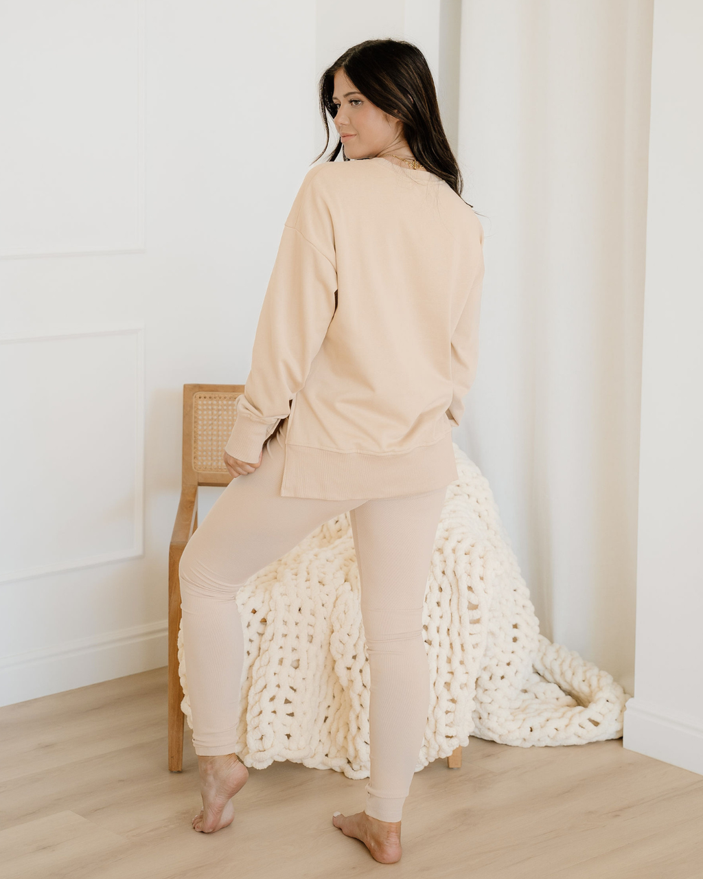 Remi Solid Color Oversize Slit Sweatshirt Ribbed Leggings 2pcs Set - Jet Stream