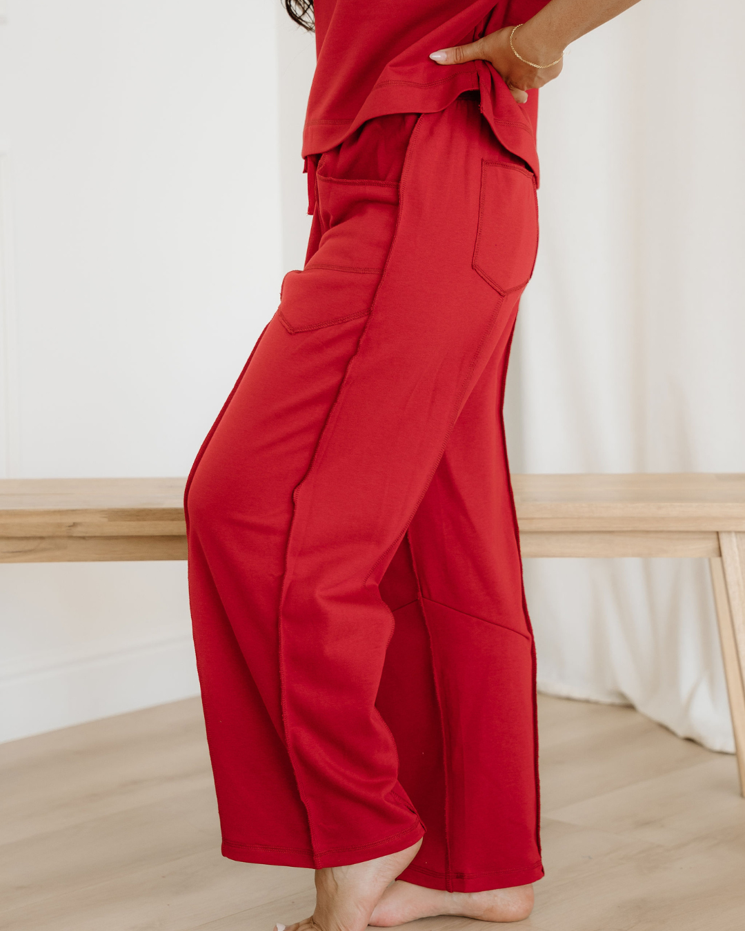 Drop Shoulder Boxy Tee and Barrel Pants Set  - Racing Red